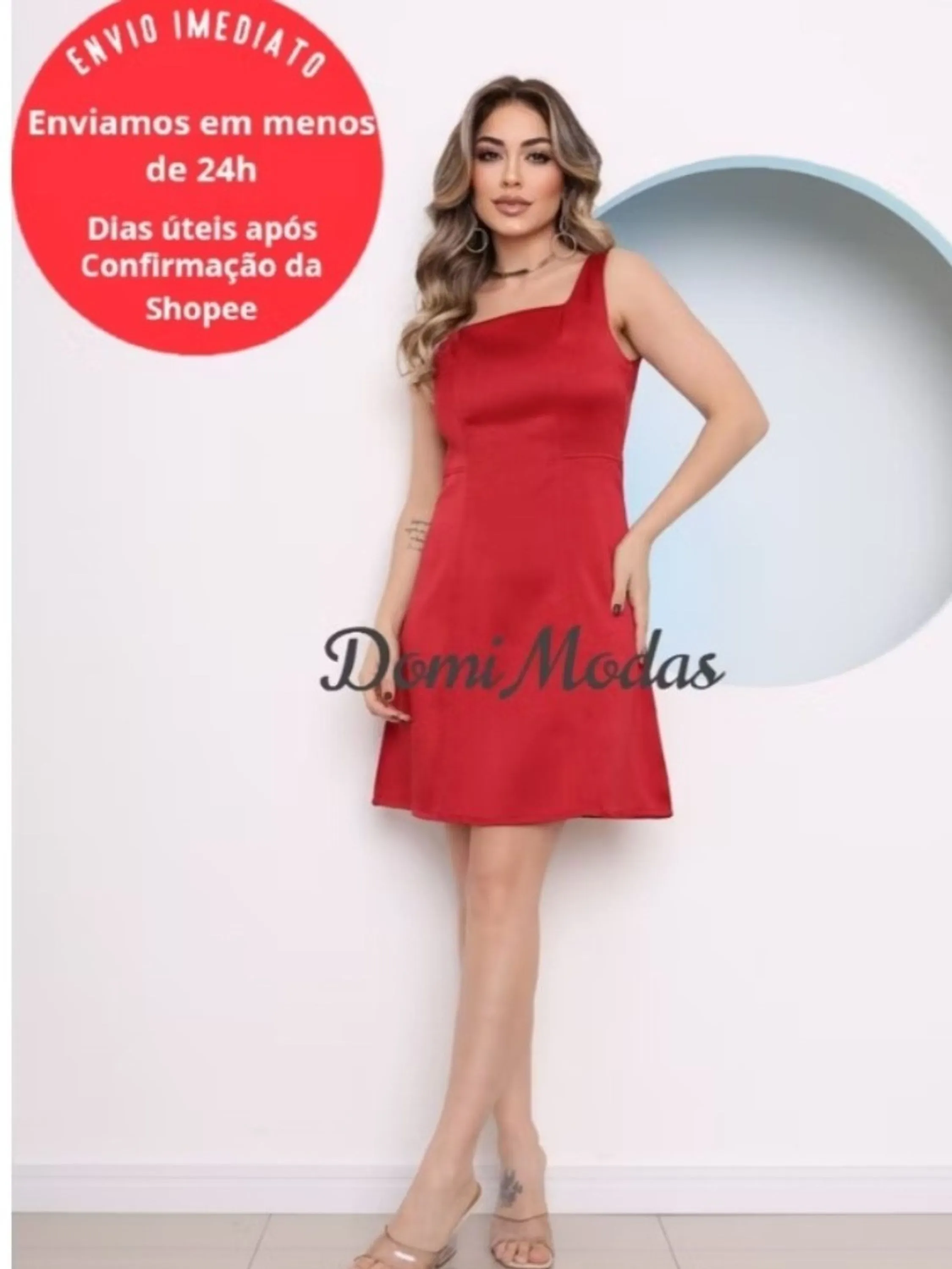 Domi Modas Vestido Cetim Elegante com Alça Coleção Nova C185