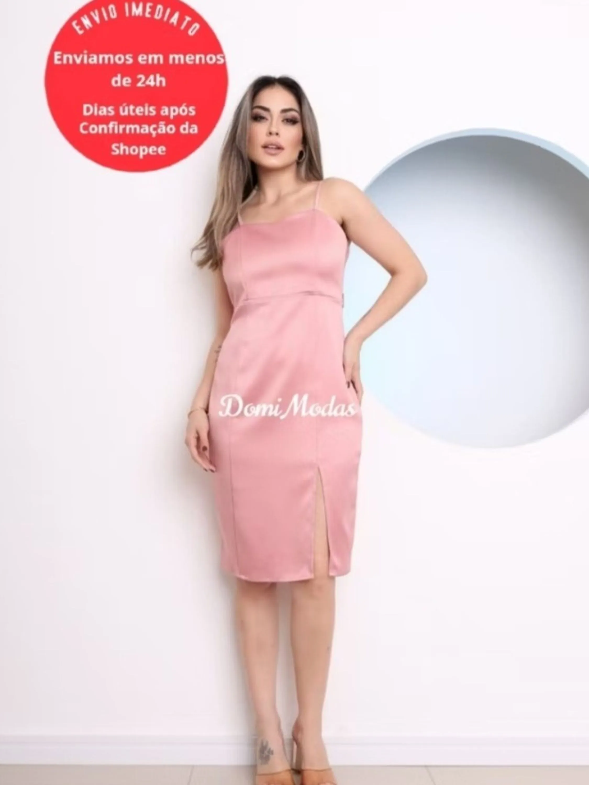 Domi Modas Vestido Cetim Midi com Fenda Lateral Elegante C180