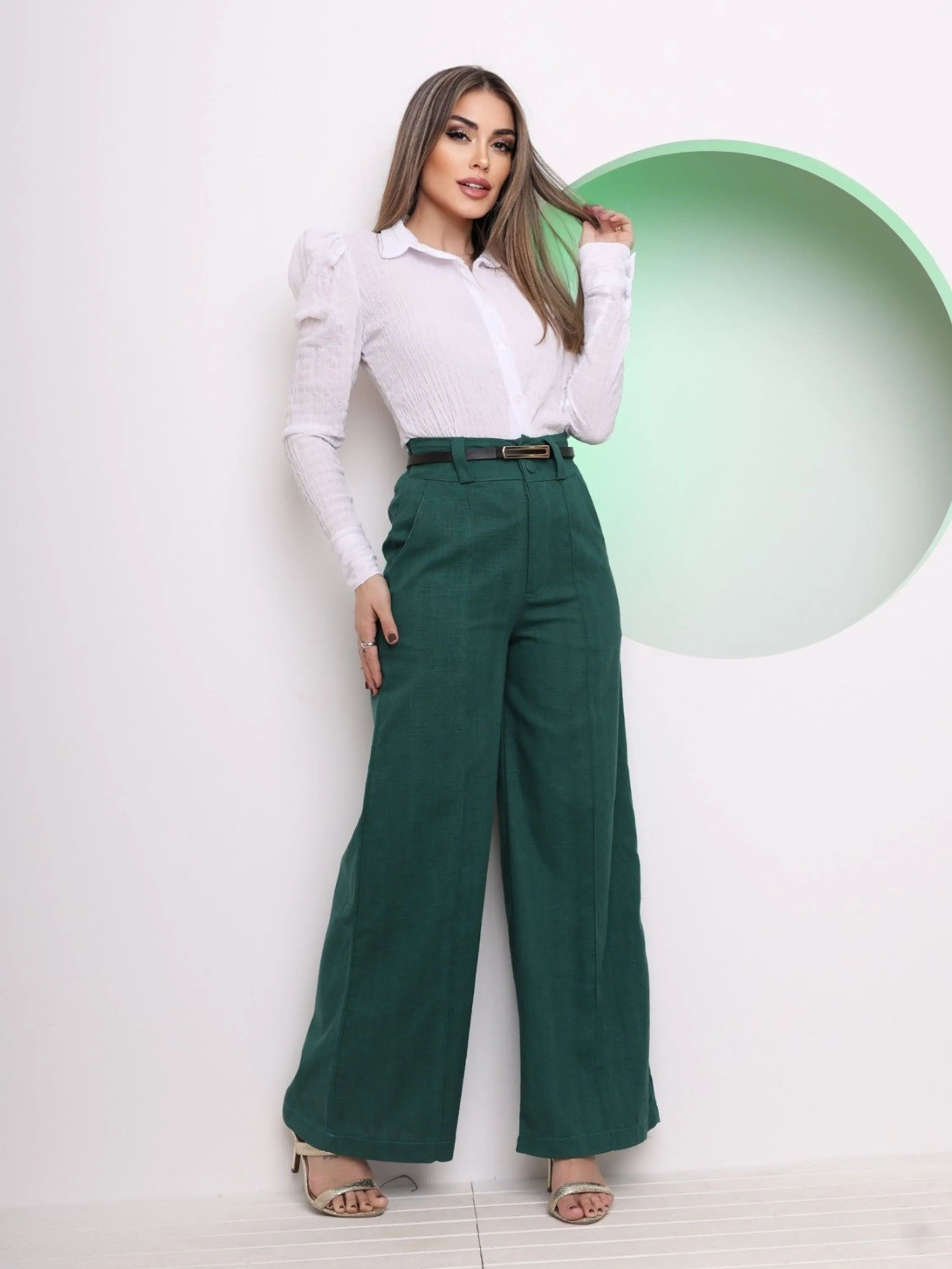 Calça Feminina Pantalona Wide Leg Linho com Botão Tendencia 2024 L8406
