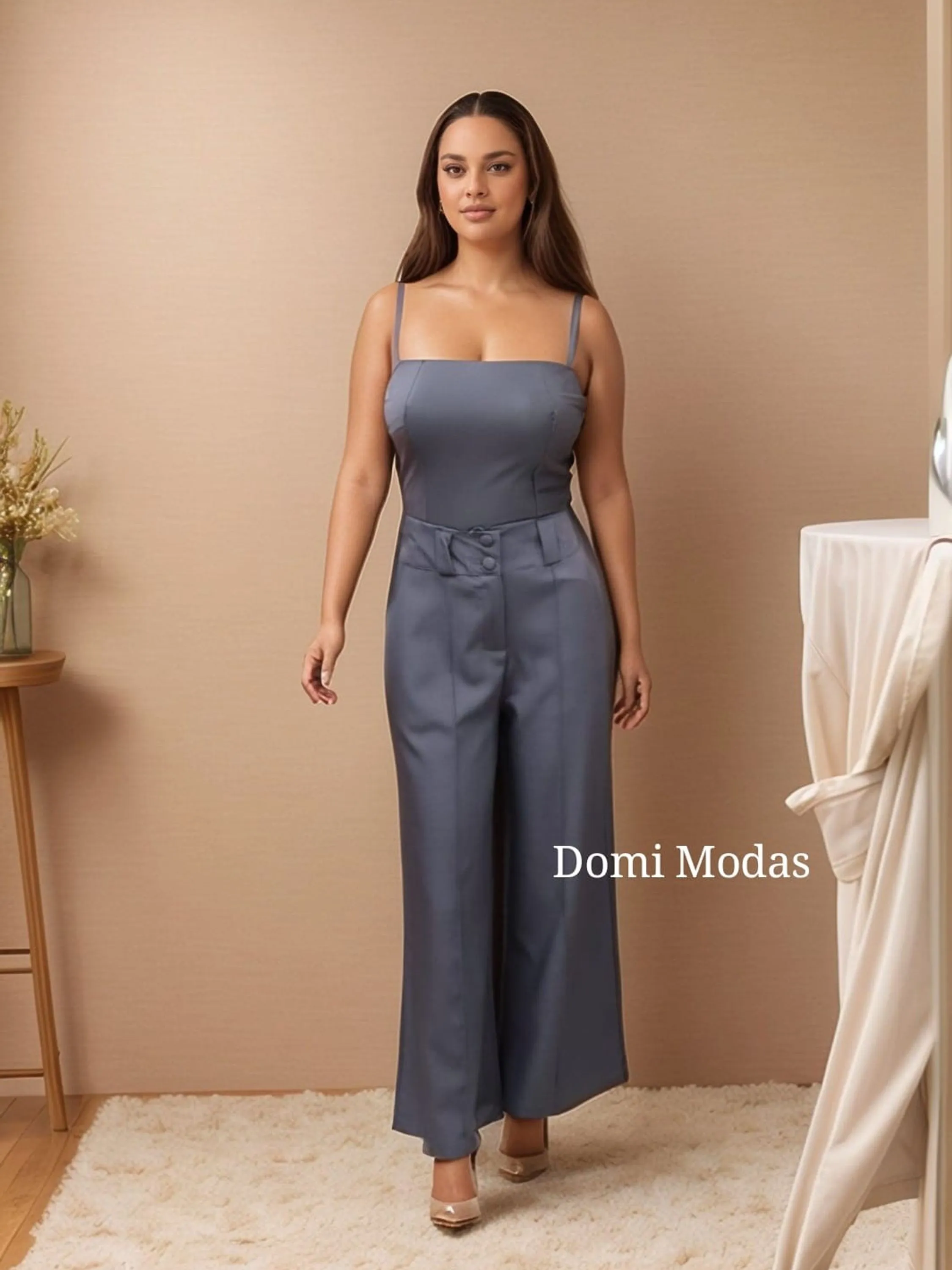 Domi Modas Calça Feminina Plus Size Luis Twill Pantalona Wide Leg Moda Elegante Outono LT8406