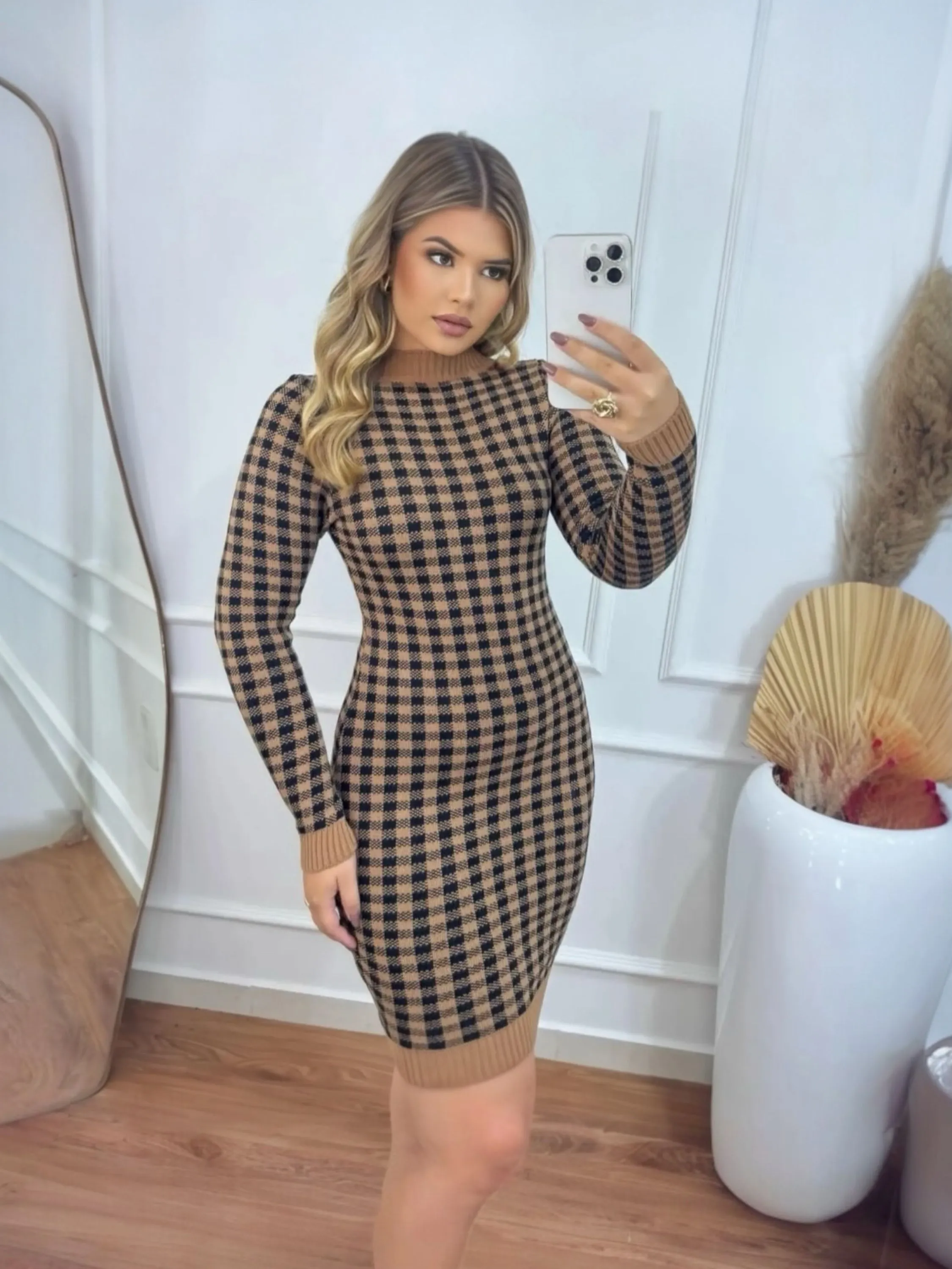 Vestido manga longa modal xadrex