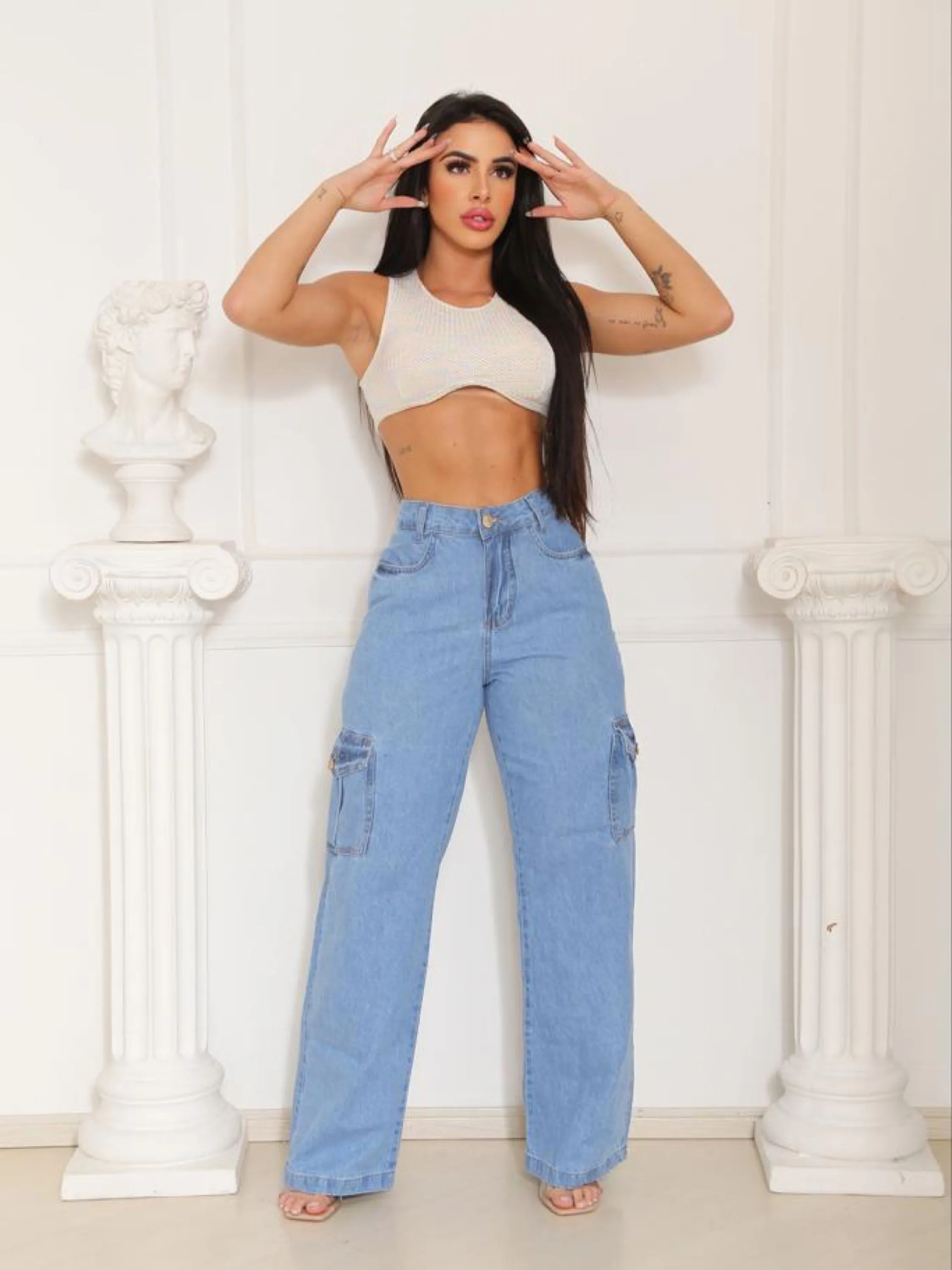 Calça jeans widleg cargo