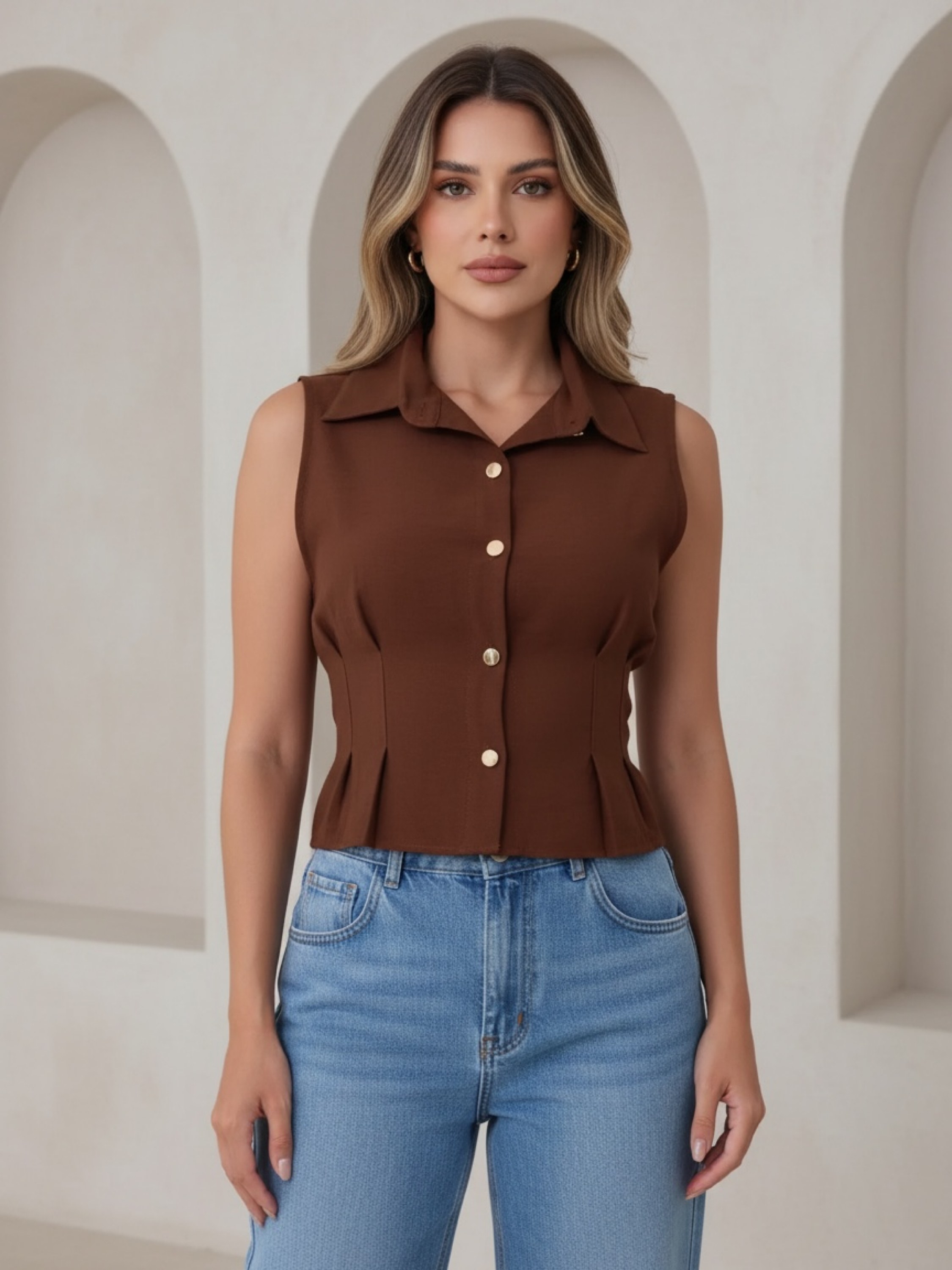 Colete plissado botão