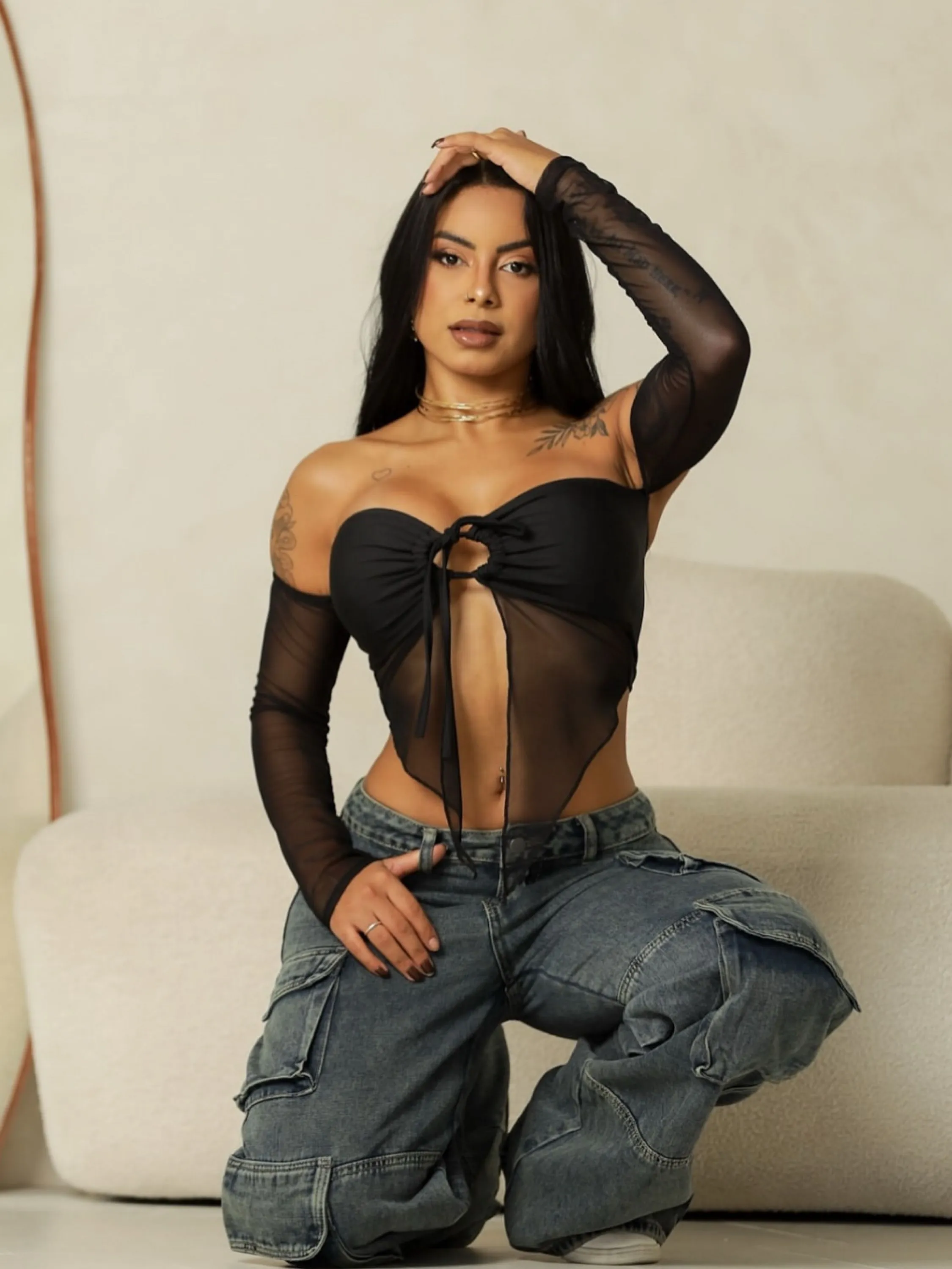 Cropped manga longa tule Jade