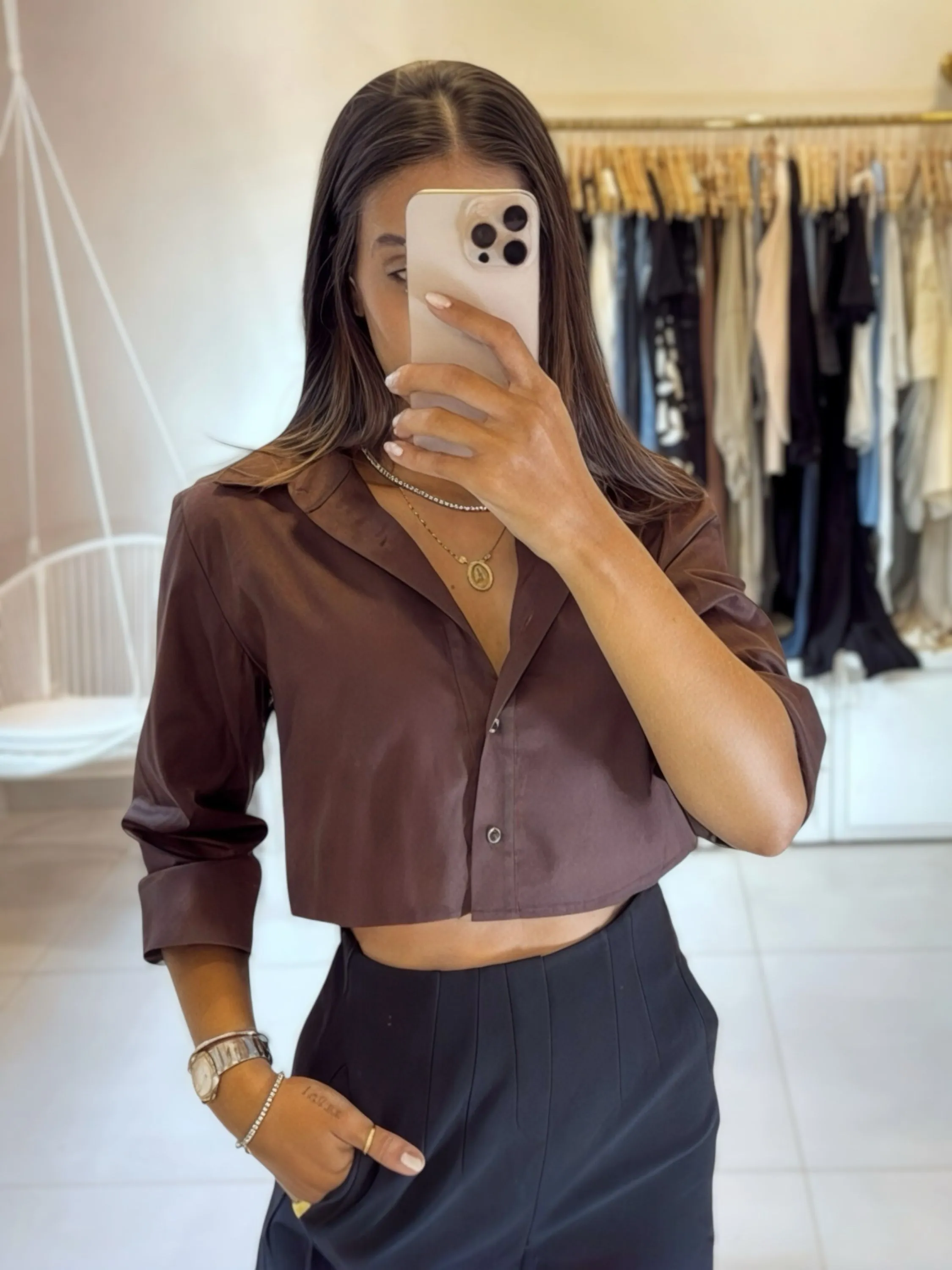 Cropped camisa manga longa viscolinho