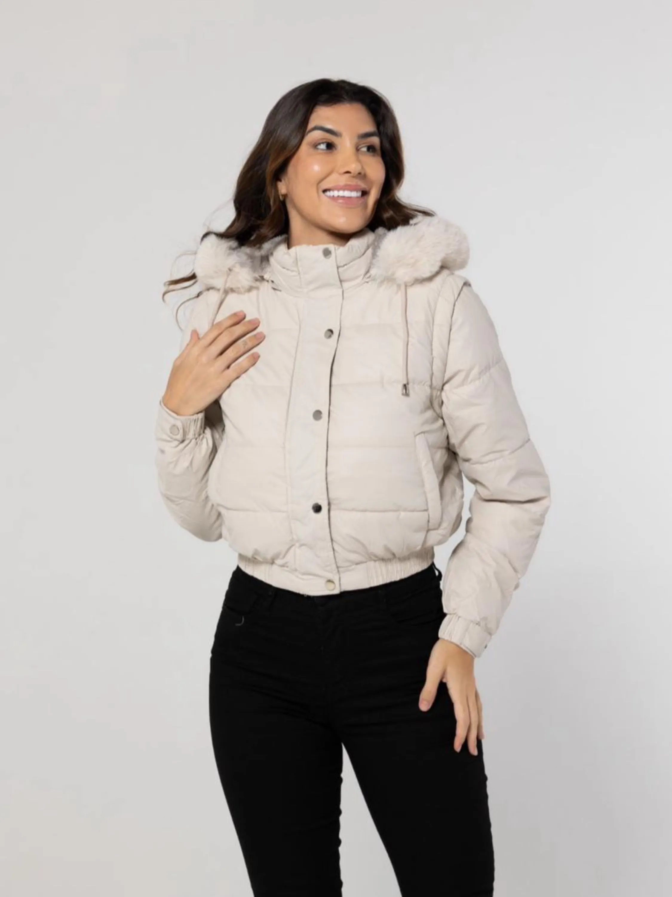 Jaqueta puffer de couro vira colete
