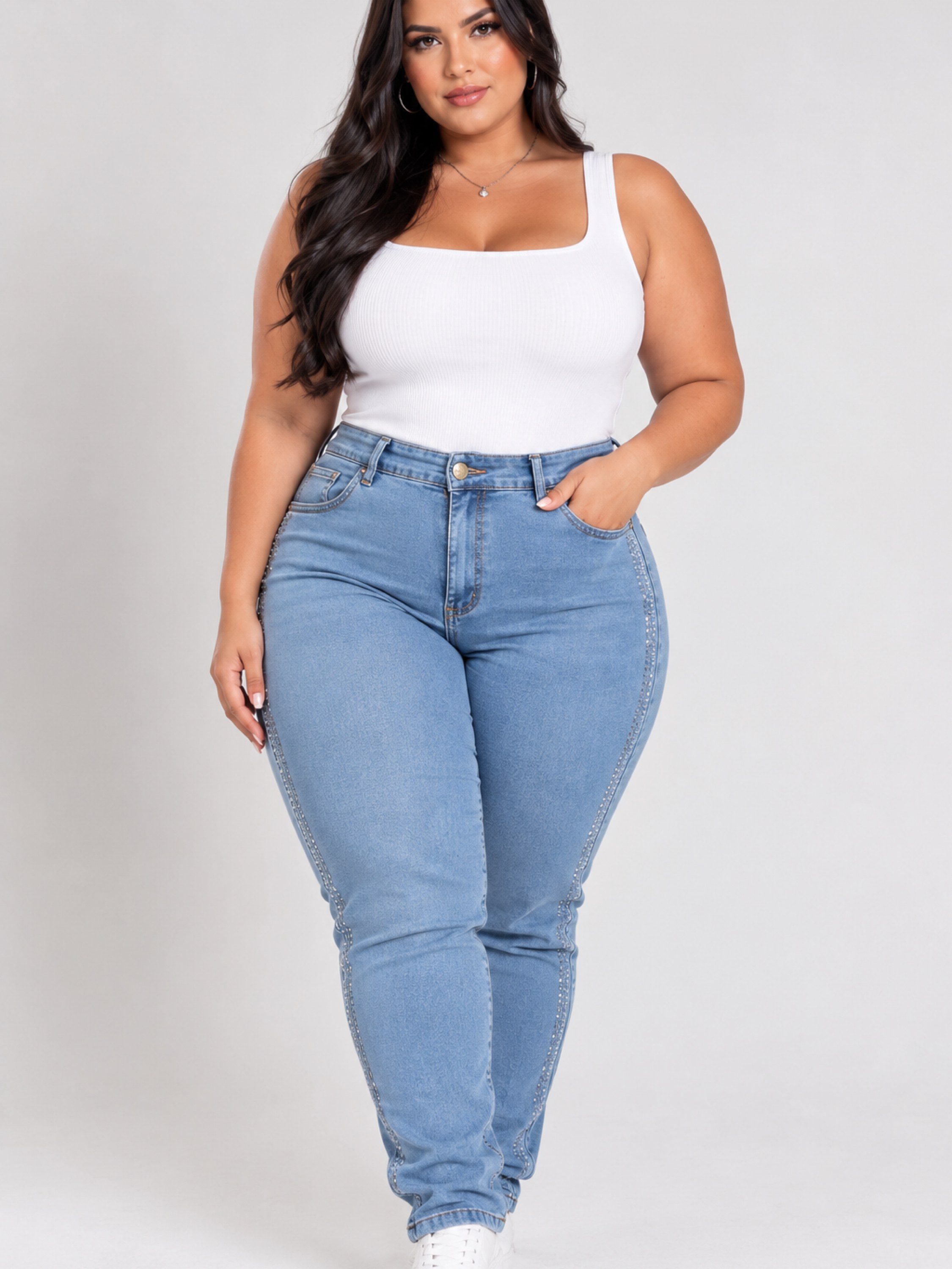 Calça skinny com brilho plus size