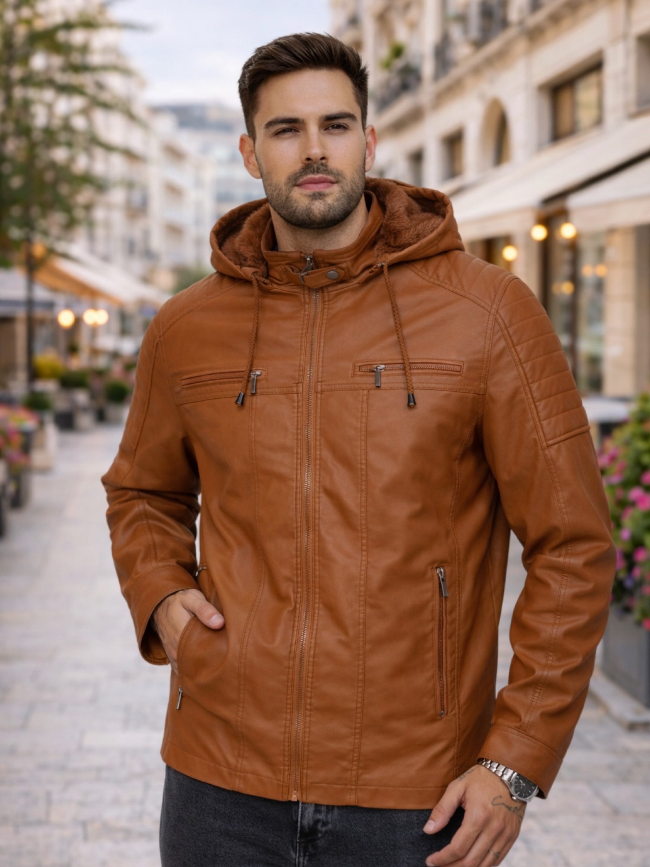 Jaqueta de couro forra com toca masculina