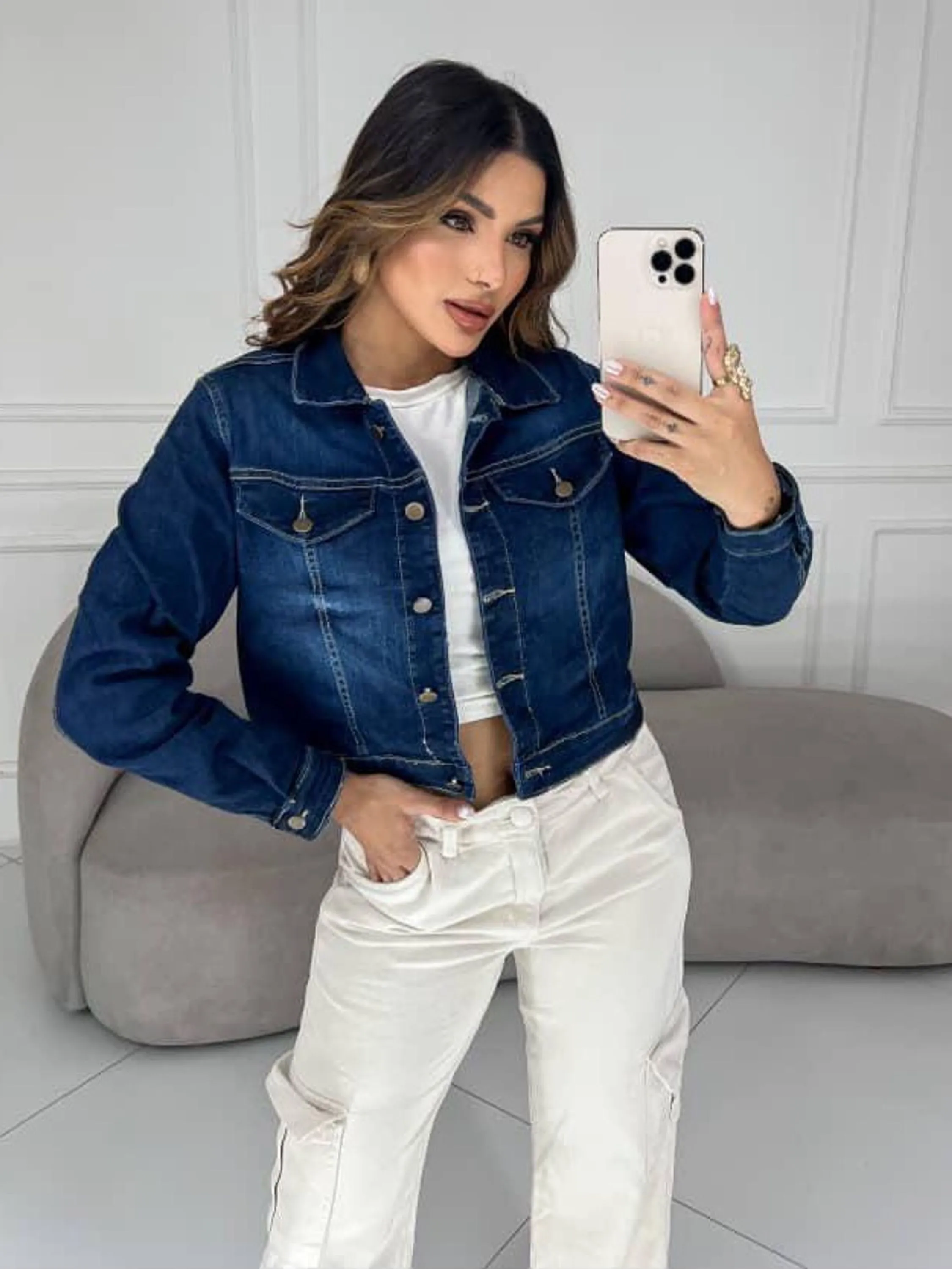 Jaqueta jeans feminina azul escuro