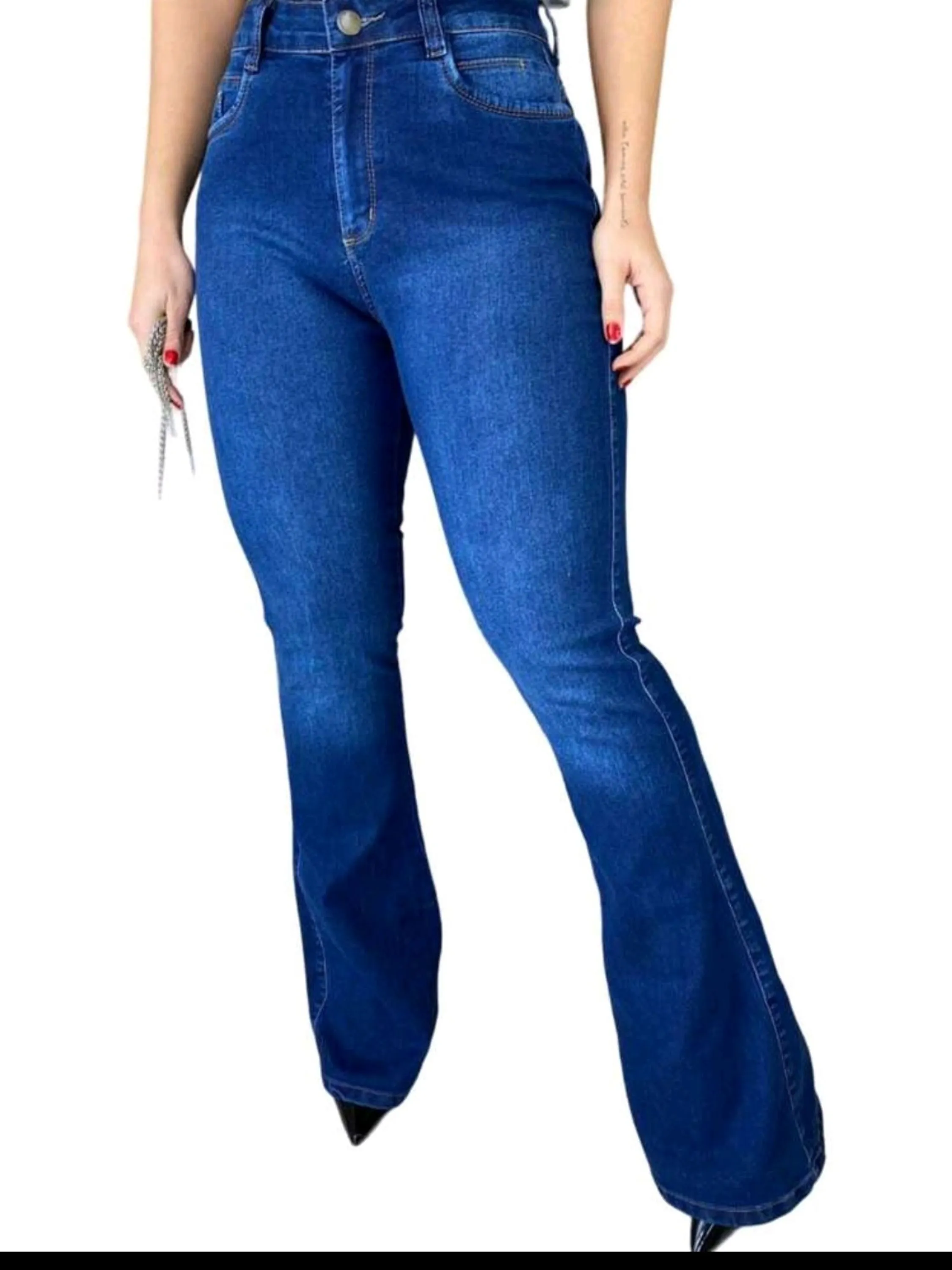 Calça jeans flare feminina boca larga azul liza básica