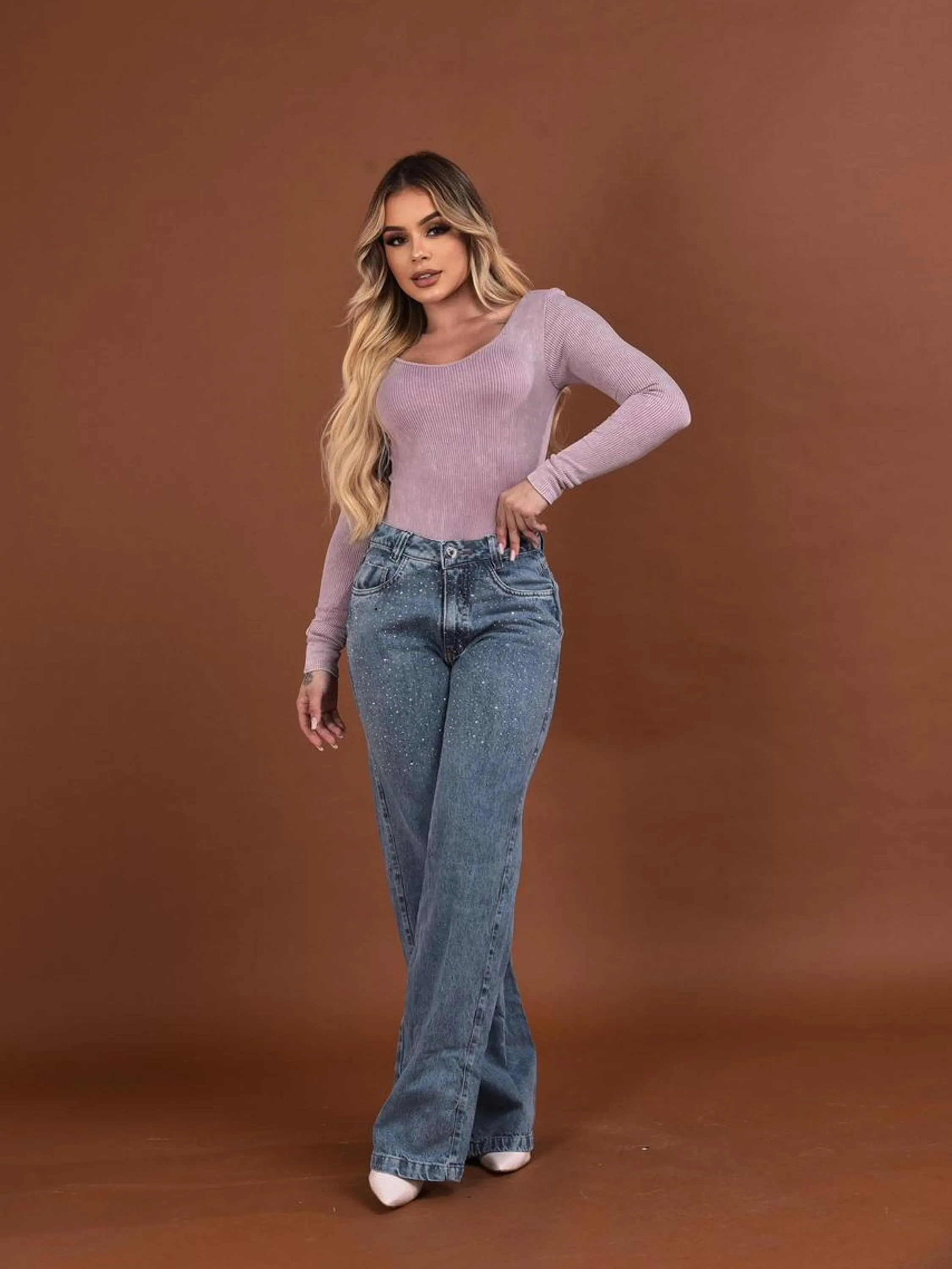 Calça wide leg com brilho