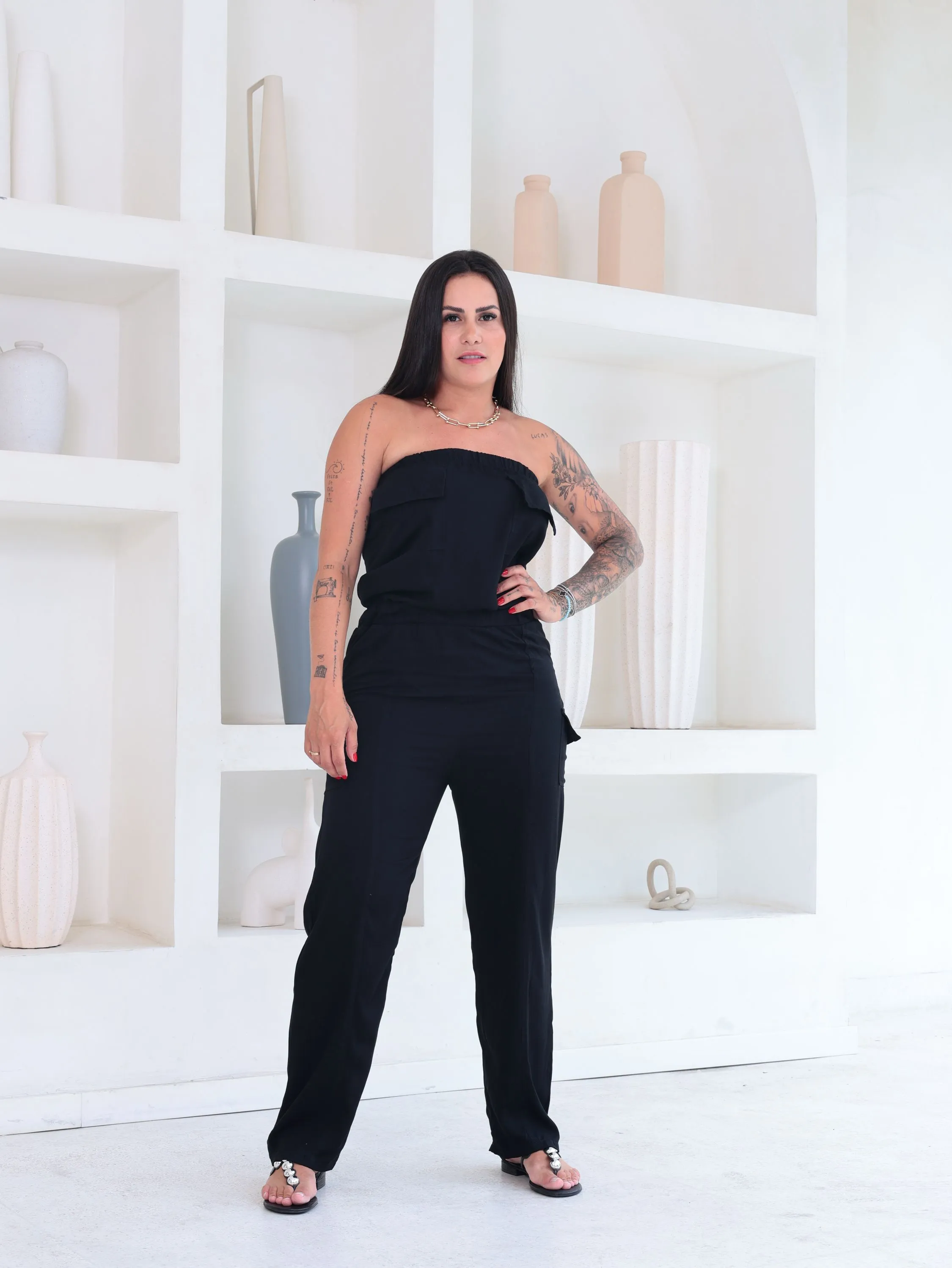 Macacão ravena cargo, tomara que caia- viscose Sarjada
