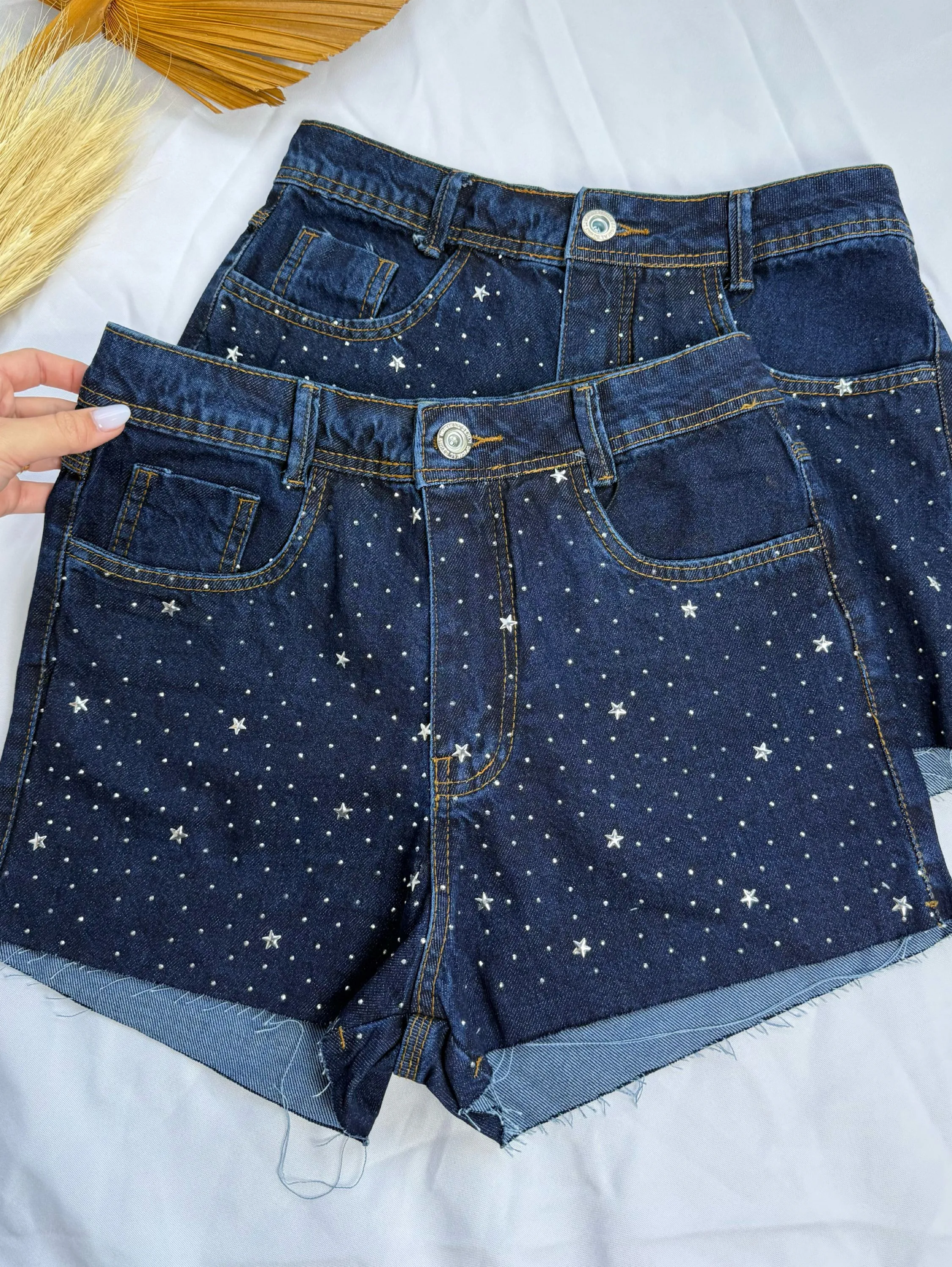 Short Jeans Feminino Pedraria Estrela Brilho com Bolso Melhor Qualidade