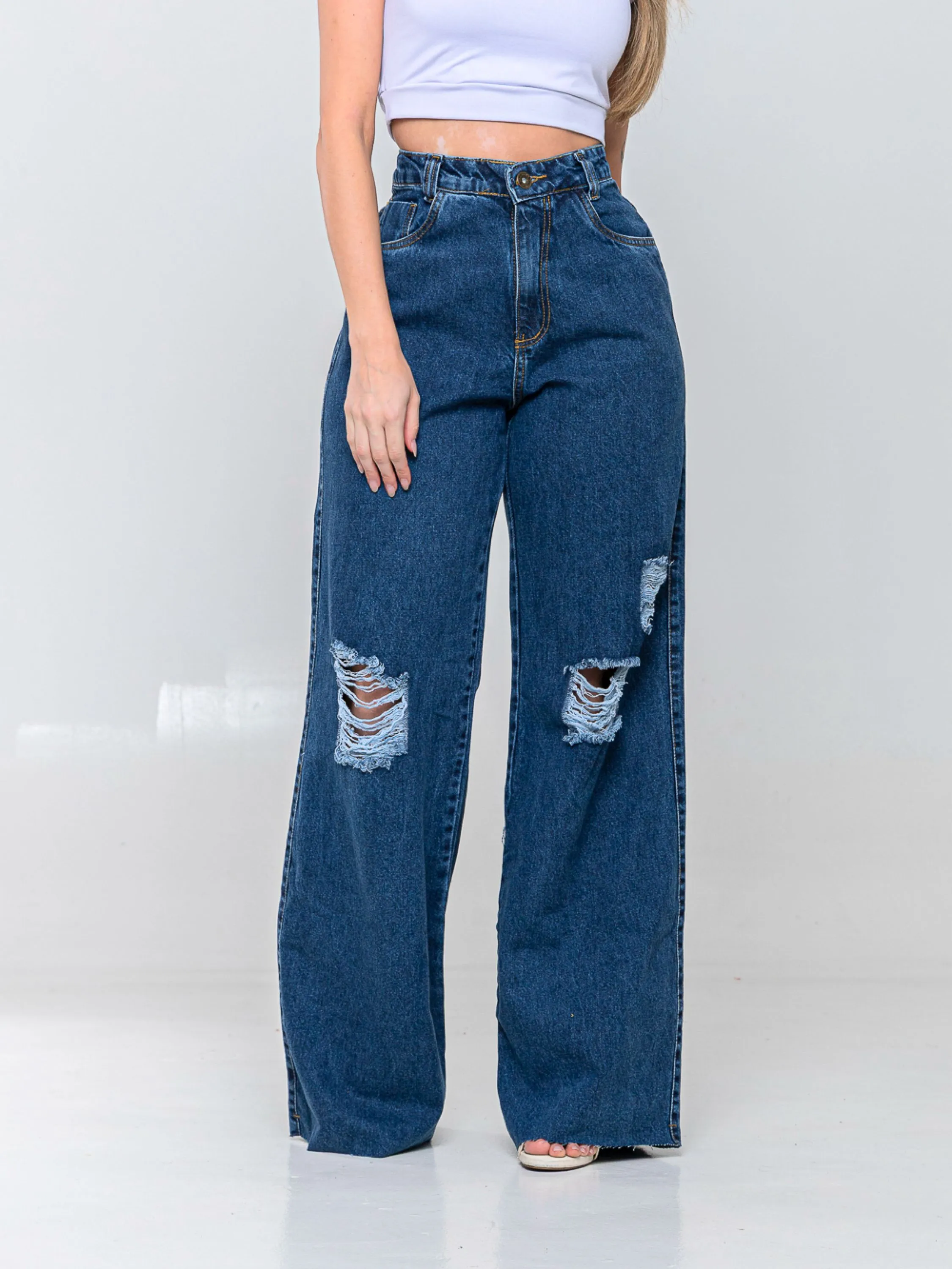 Calça pantalona puído jeans