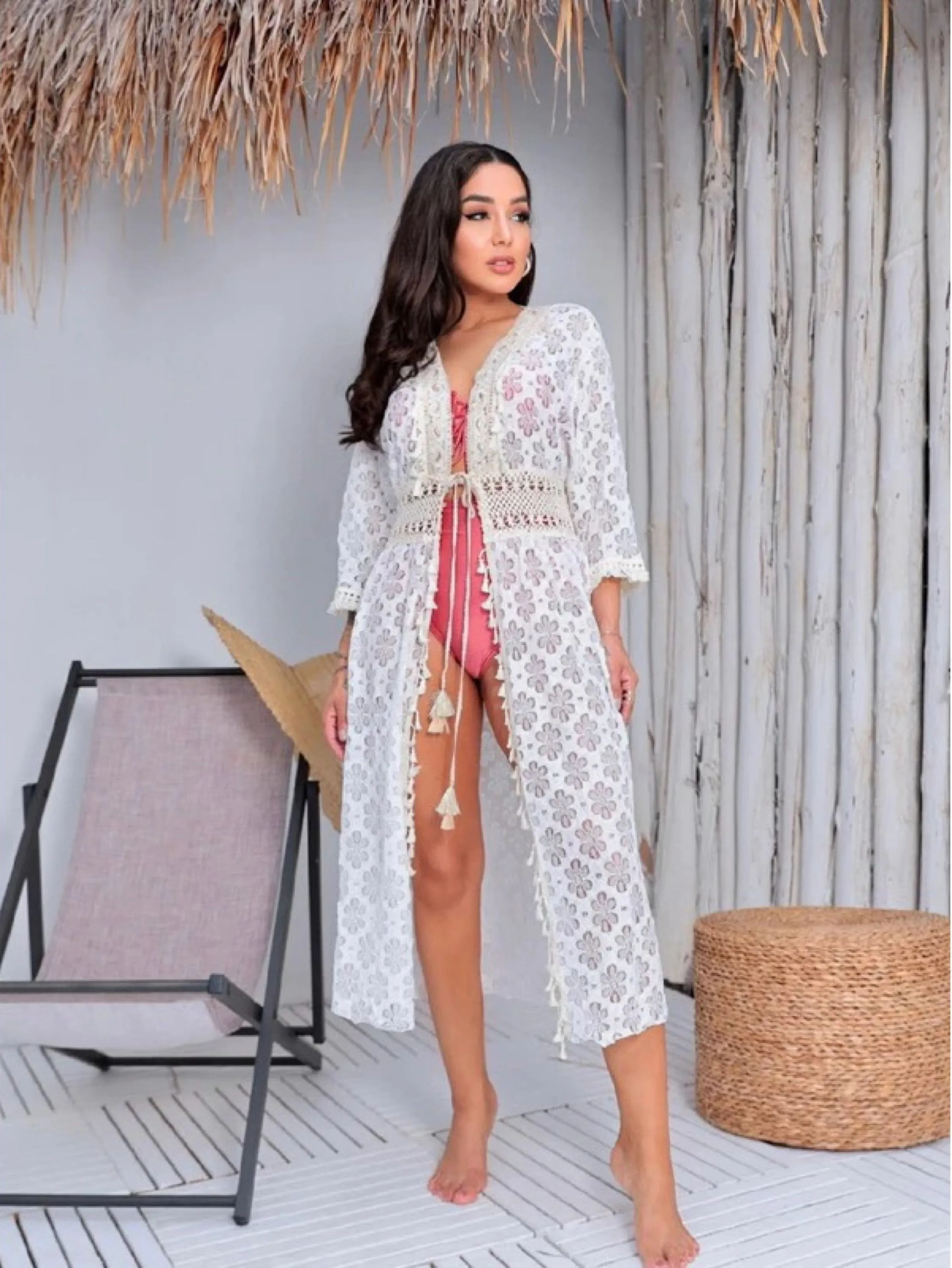 Saida De Praia longa Kimono Com Renda Feminina Verao(Fábrica China)