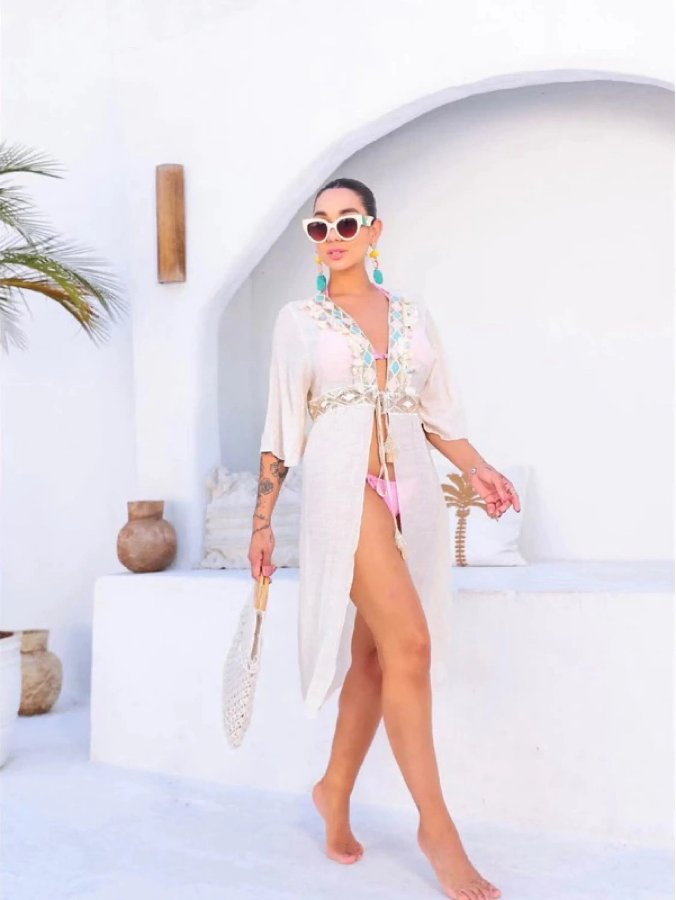 Saída de Praia Longa Kimono moda simples vestido blogueira banho piscina verão (Fábrica China)