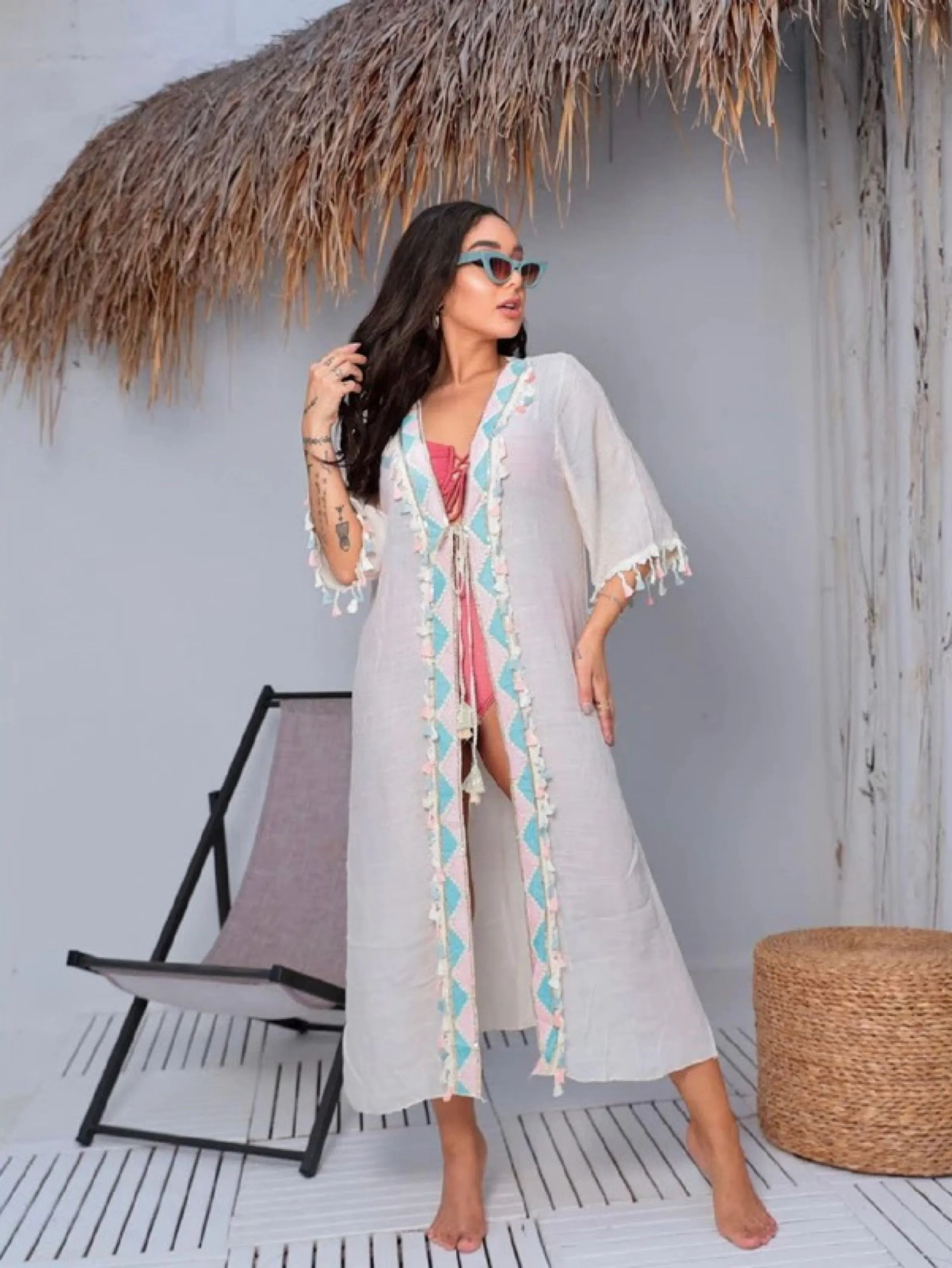 Saída de Praia Longa Kimono moda simples vestido blogueira banho piscina verão (Fábrica China)