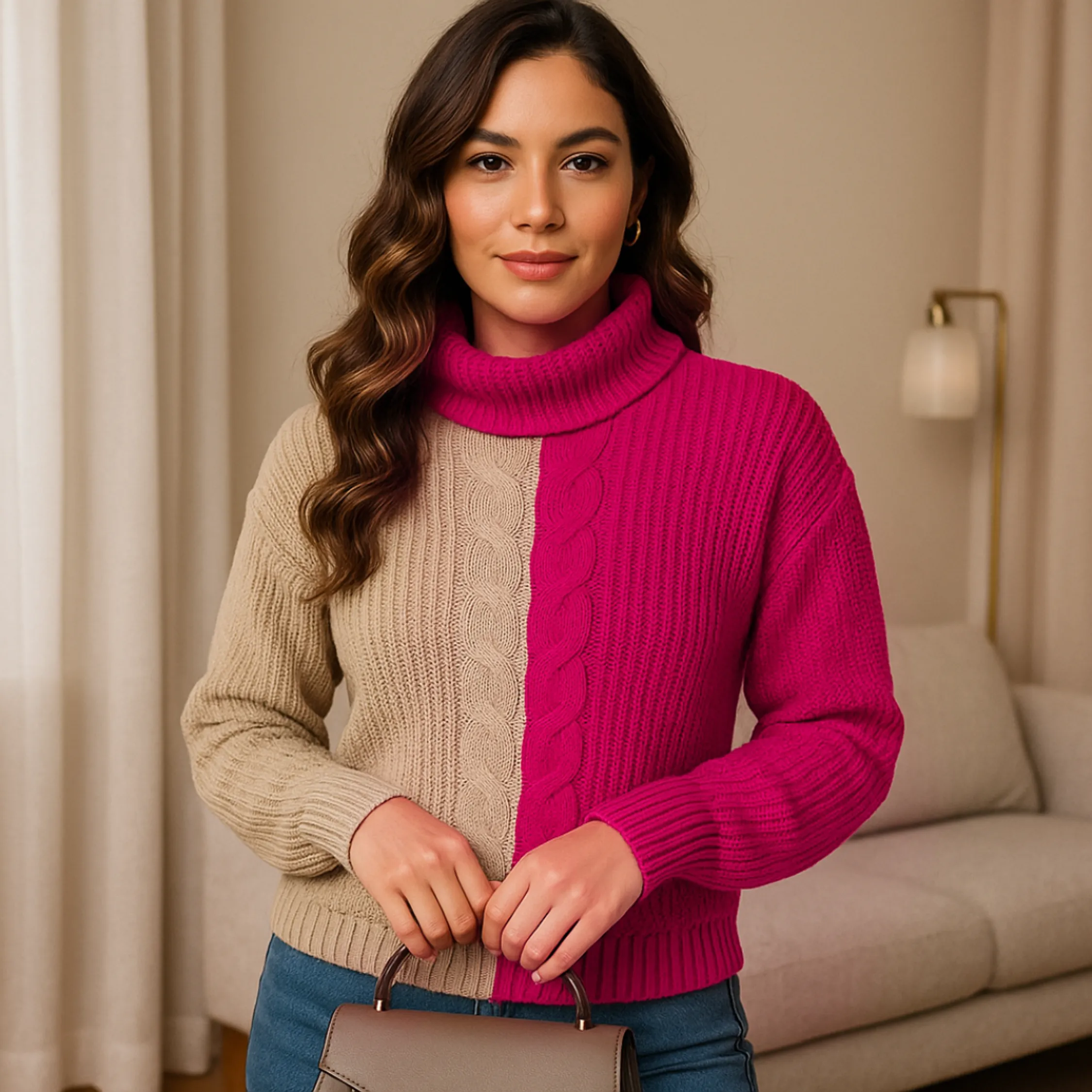 Blusa Tricot Manga Longa Bicolor Texturizada