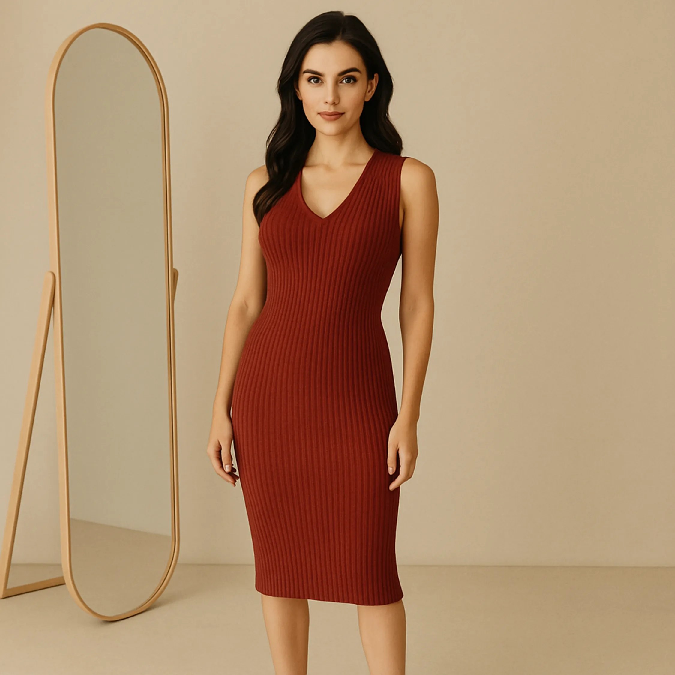 Vestido Midi Tricot Modal Canelado Sem Manga