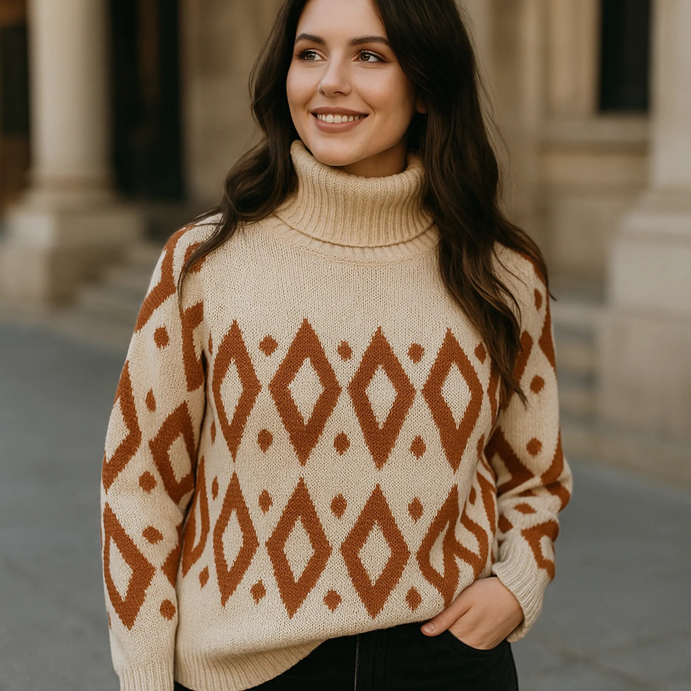 Blusa Tricot Manga Longa Gola Alta Estampa Geométrica