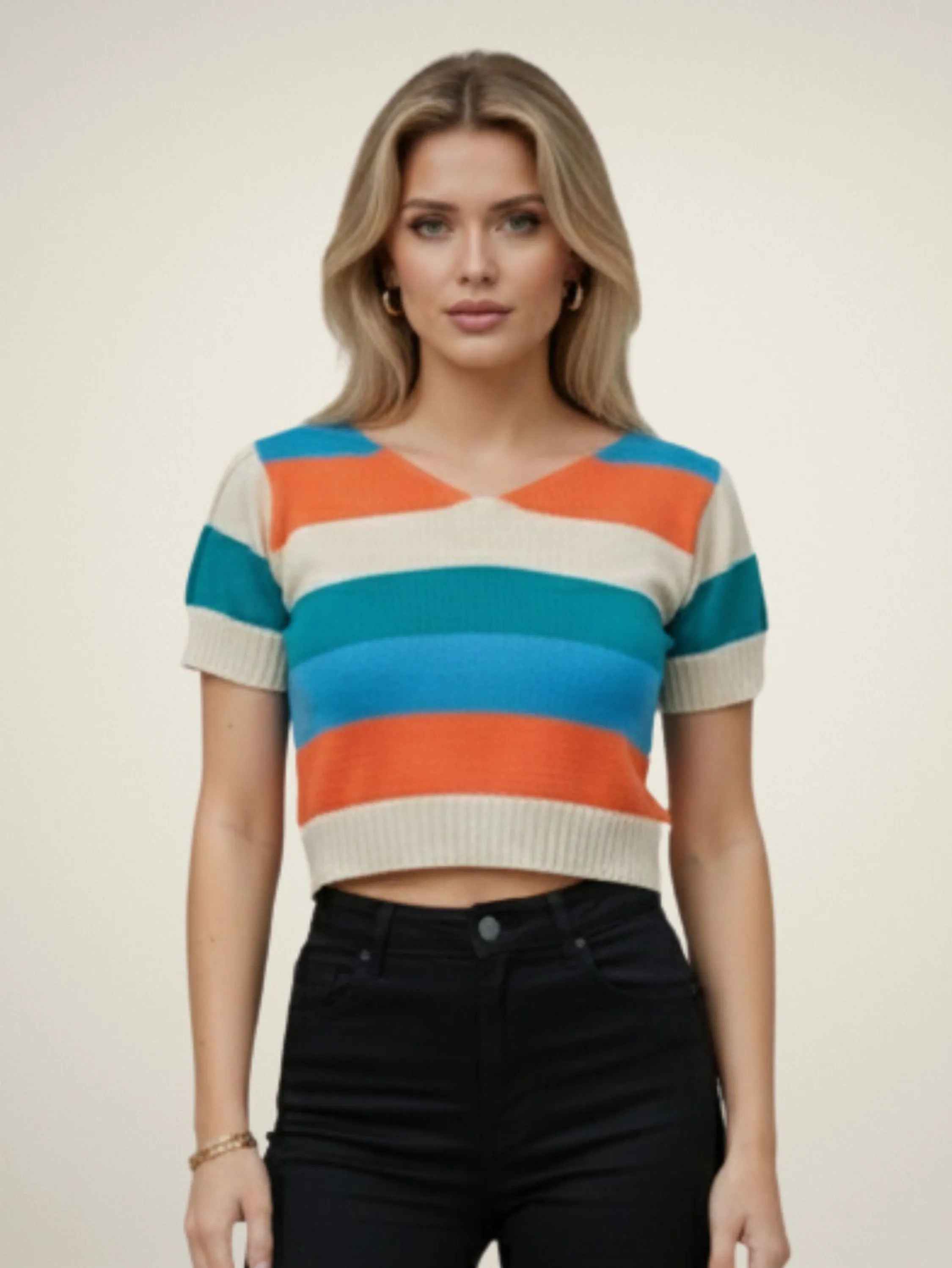 Cropped Tricot Manga Curta Listras