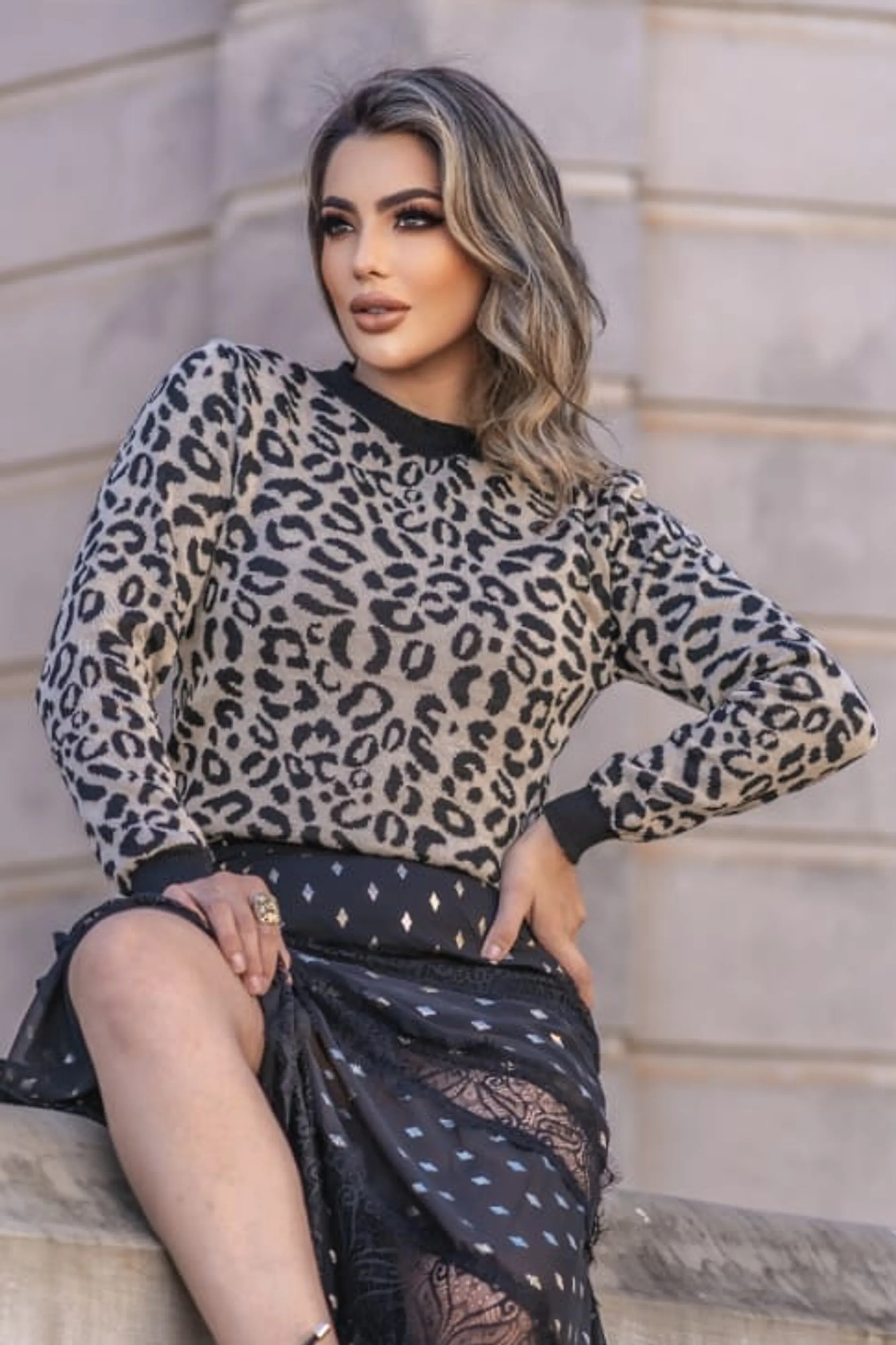 Blusa Tricot Onça Manga Longa