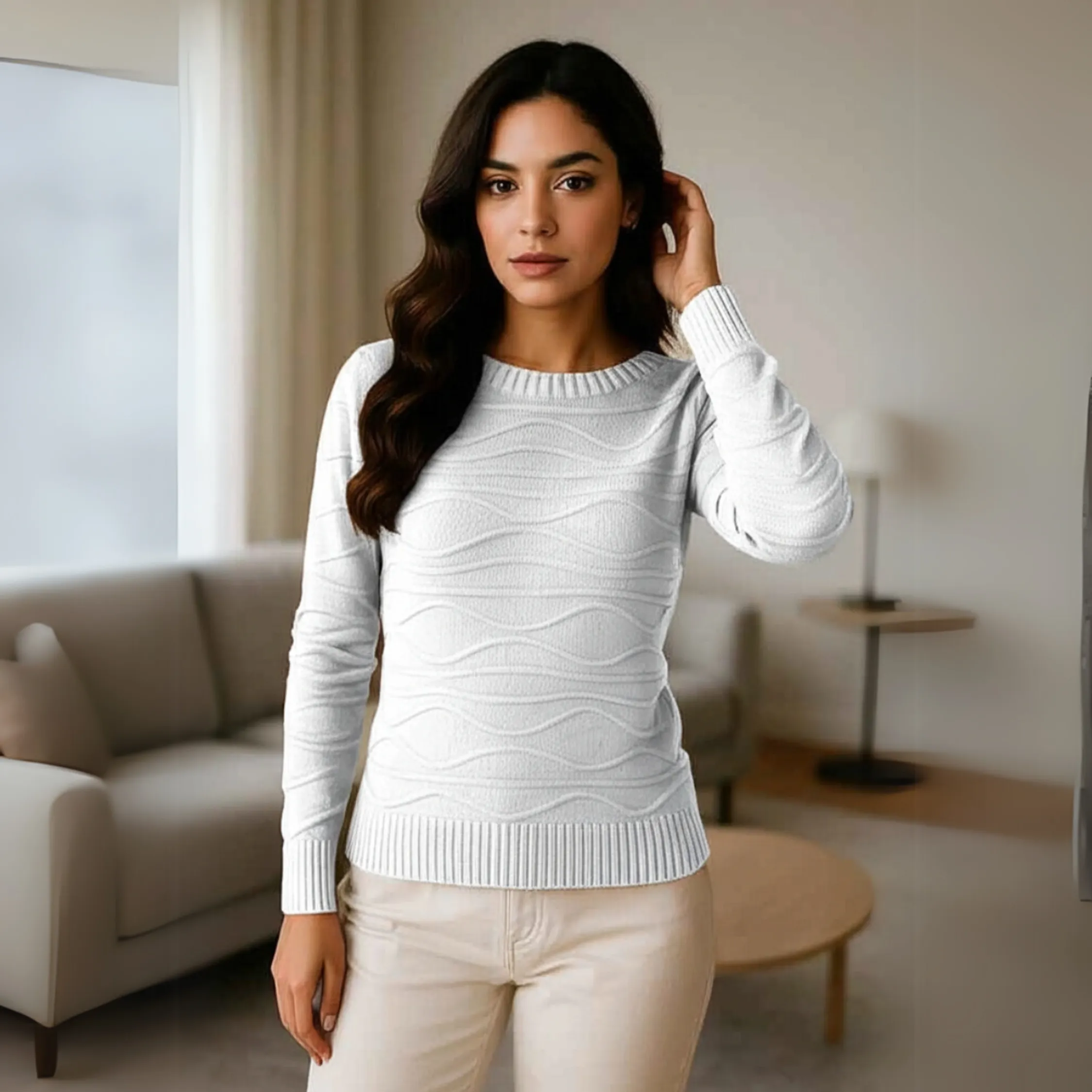 Blusa Tricot Manga Longa Relevo Ondas