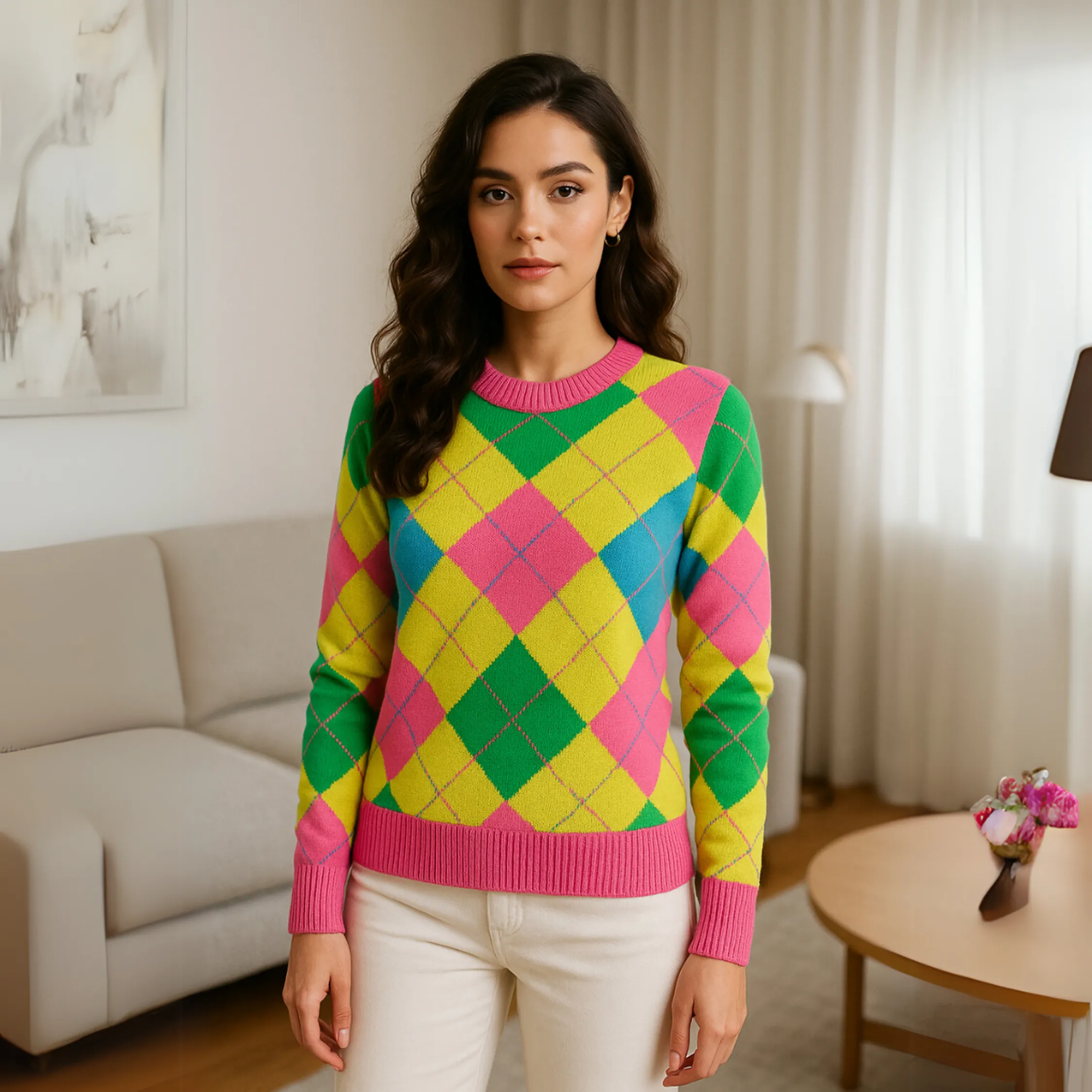 Blusa Tricot Manga Longa Detalhe Argyle