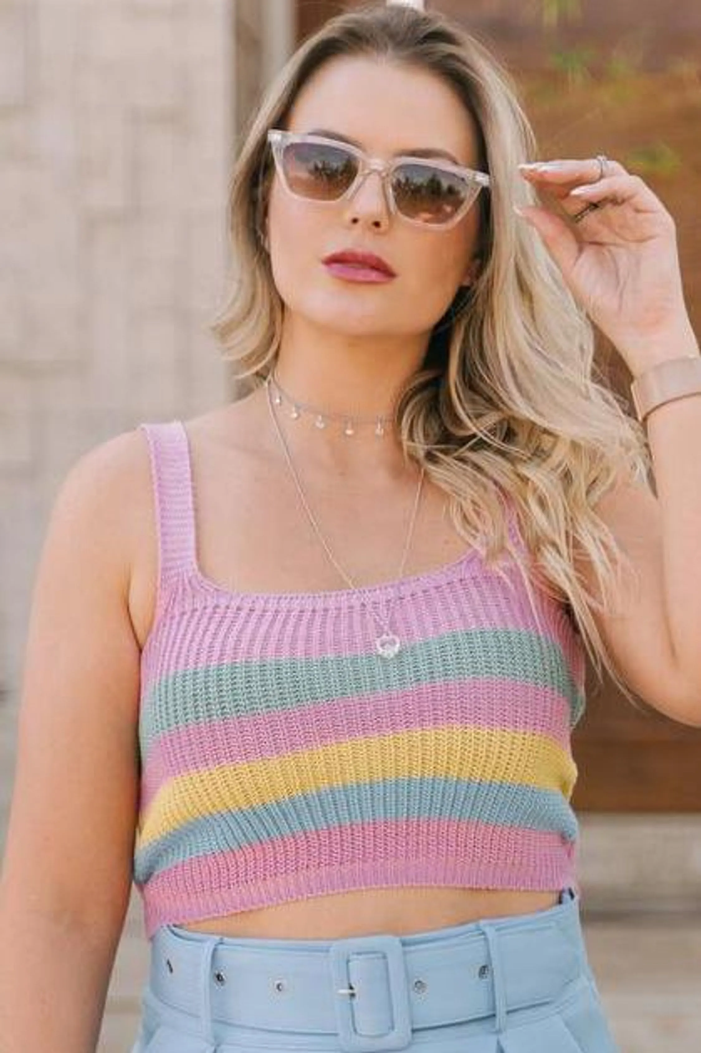Cropped Tricot Canelado Decote Quadrado Listrado