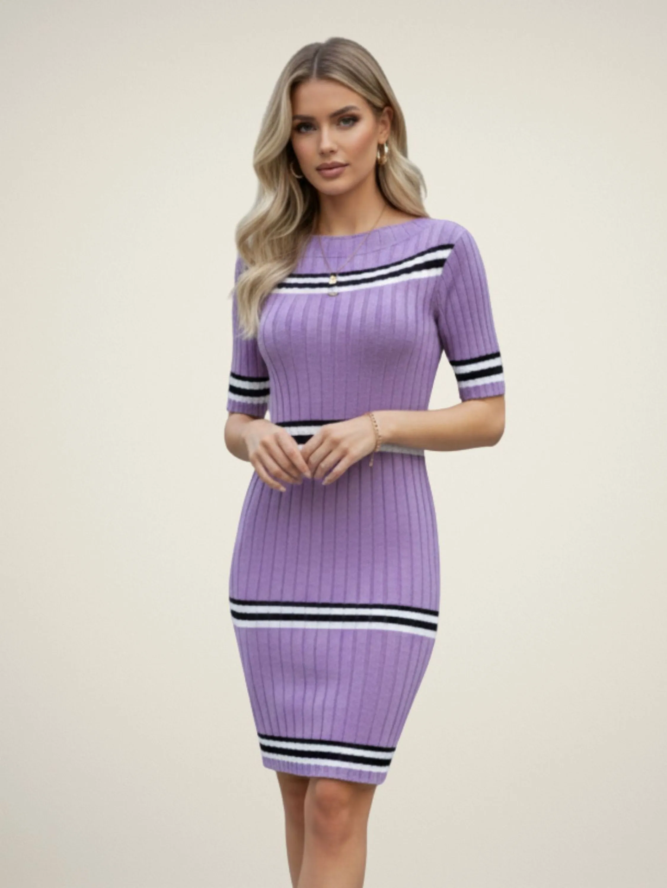 Vestido Midi Tricot Listras Gola Alta