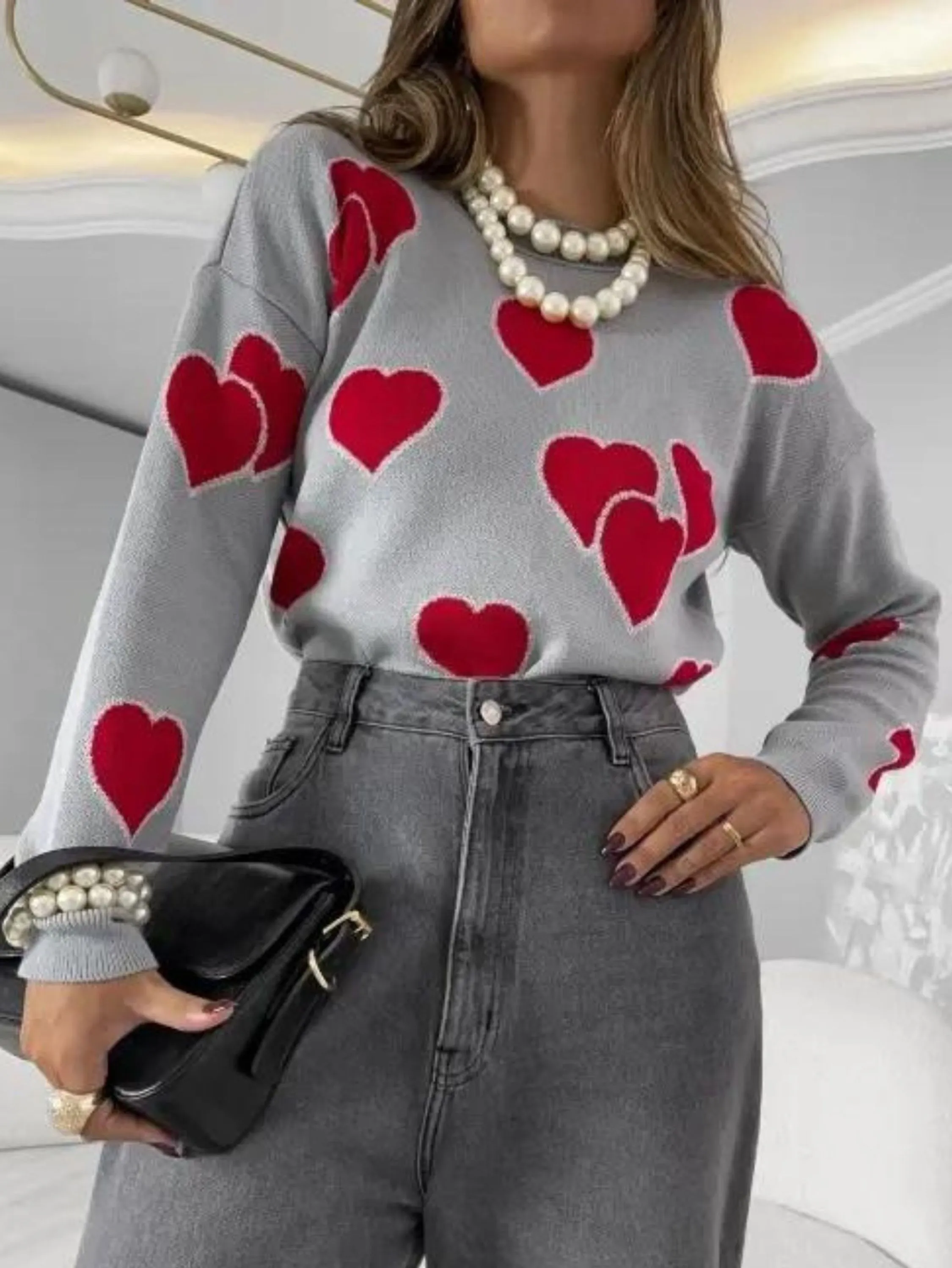 Blusa Tricot Manga Longa Estampa Hearts