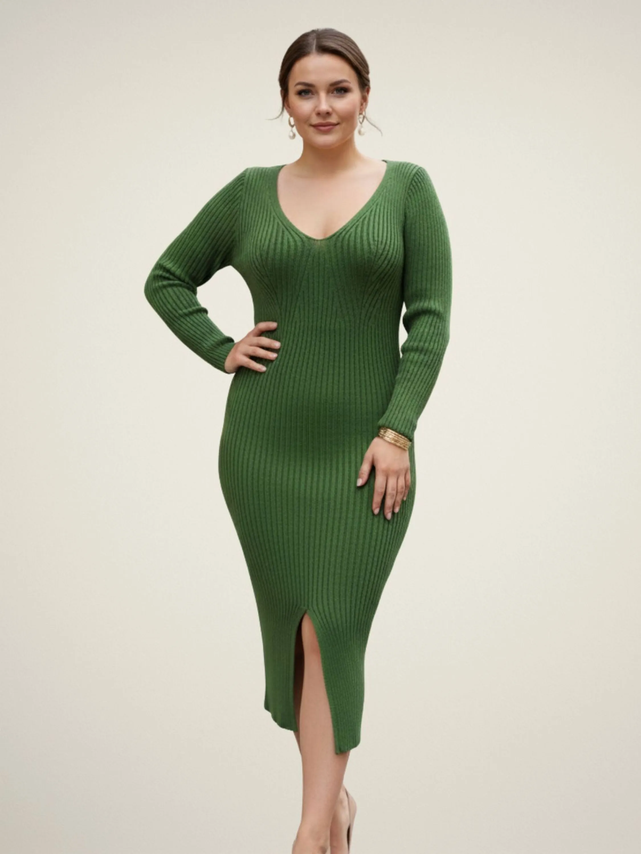 Vestido Midi Tricot Canelado Manga Longa