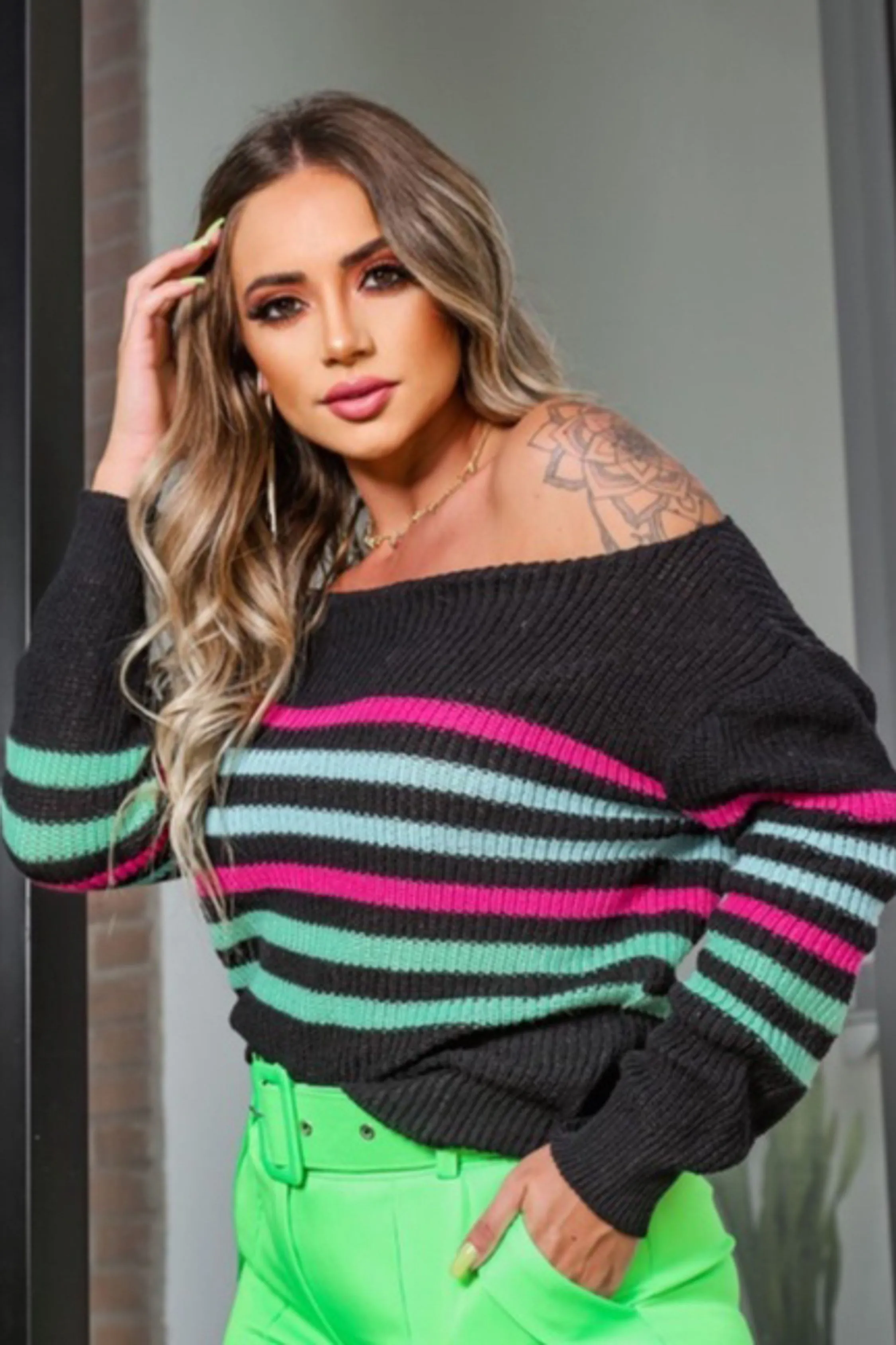Blusa Tricot Manga Longa Listras Canoa