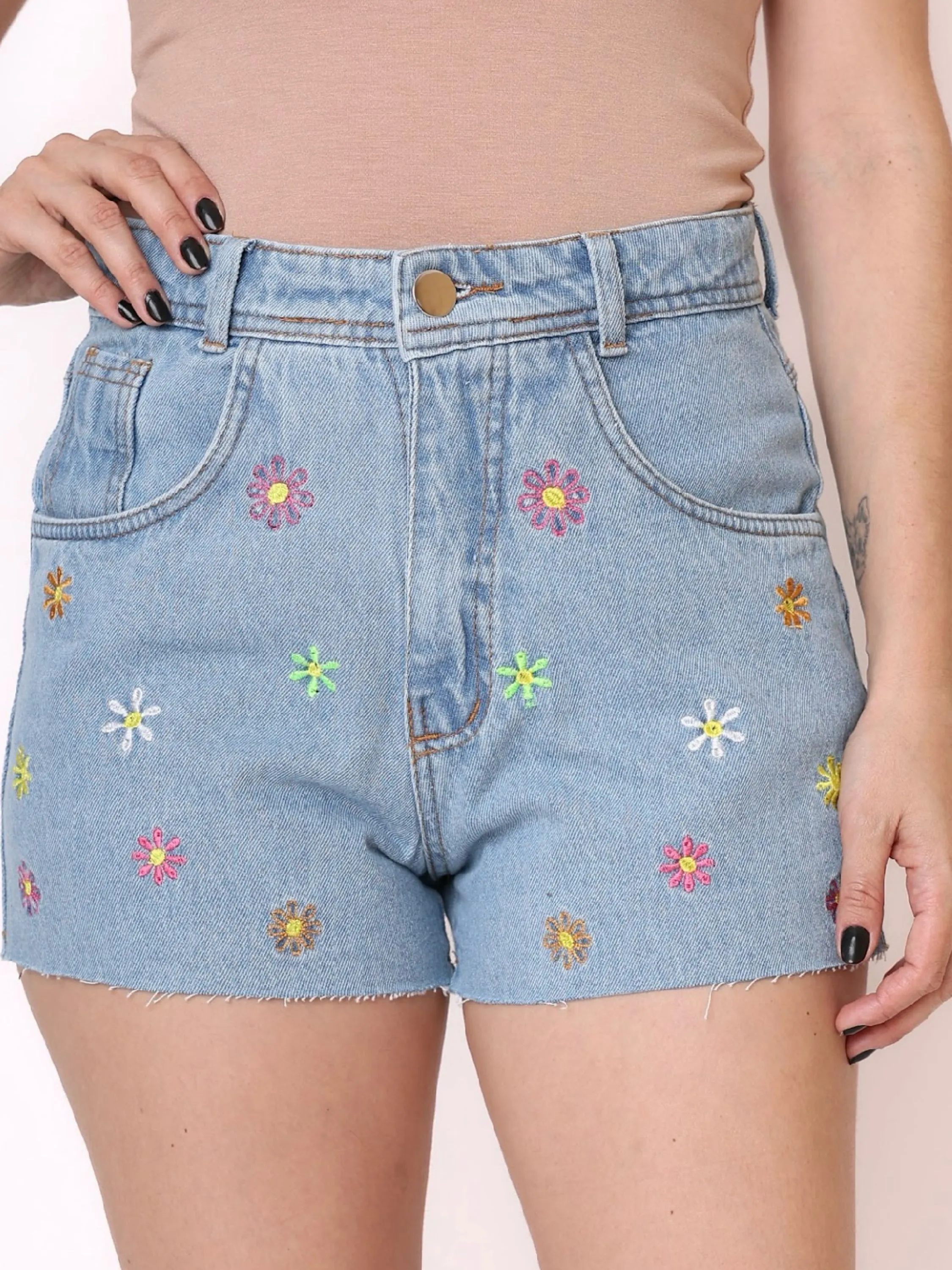 3013 short jeans flores coloridas feminino