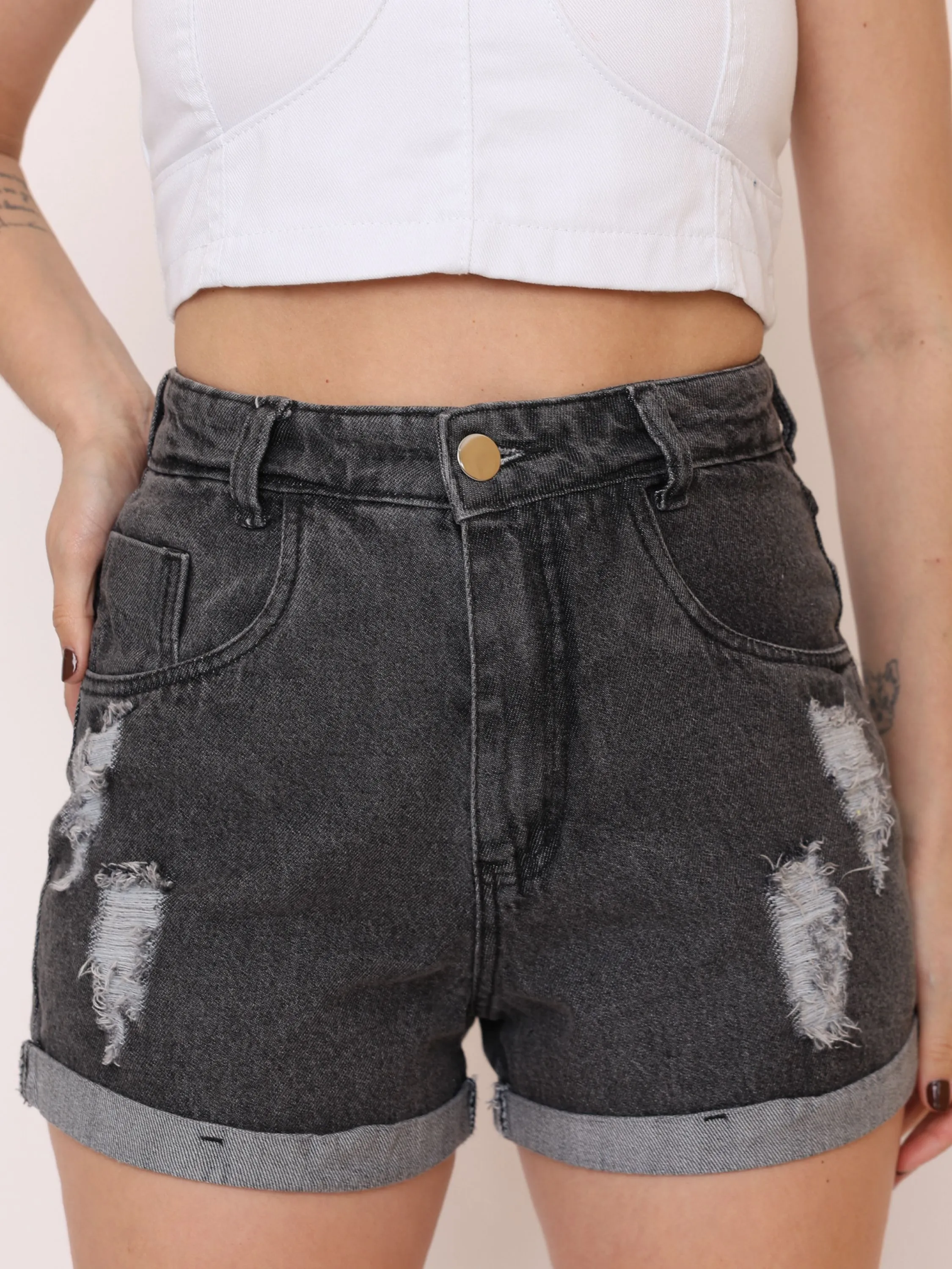 3061 Preto Shorts jeans rasgados na moda  feminina