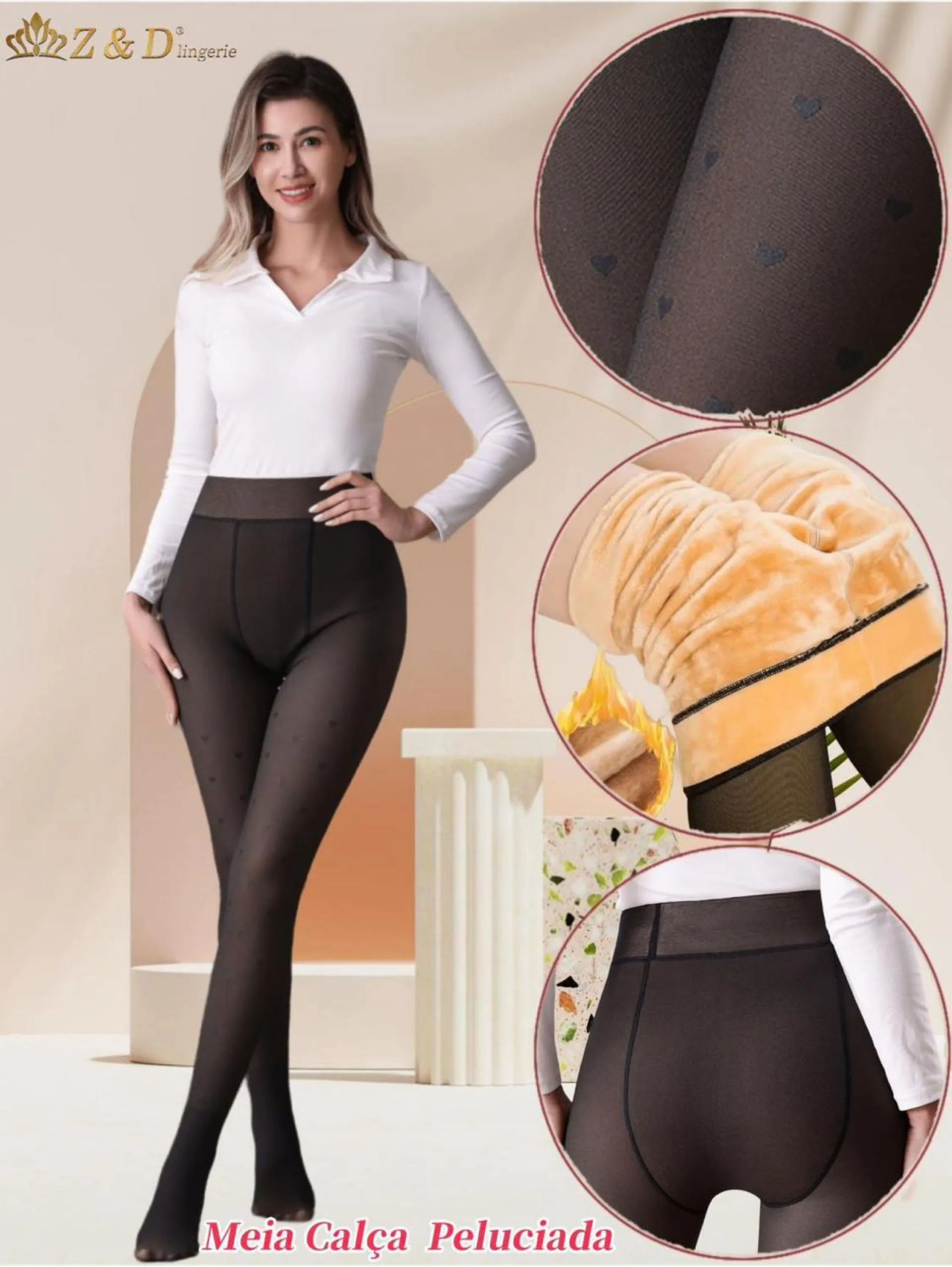 Meia-calça de lã forrada inverno coração feminina