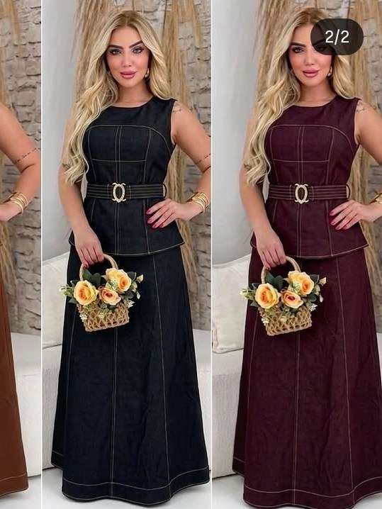 Conjunto feminino saia longa e blusinha com cinto (14)