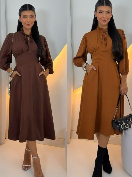 Vestido Midi feminino com manga tecido visco sarja (143)