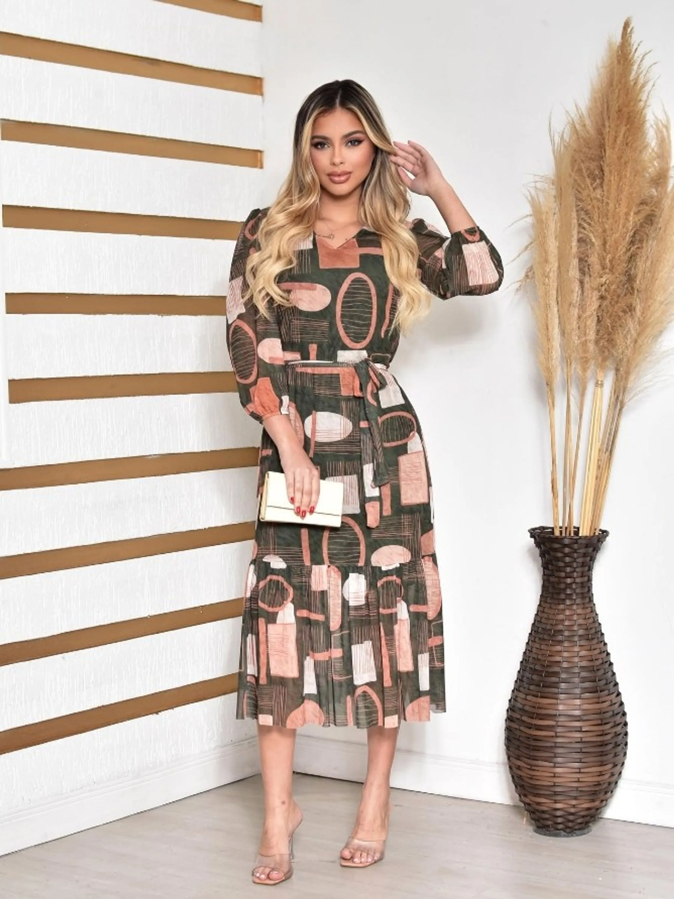 Vestido midi estampado manga 3/4 feminino (139)