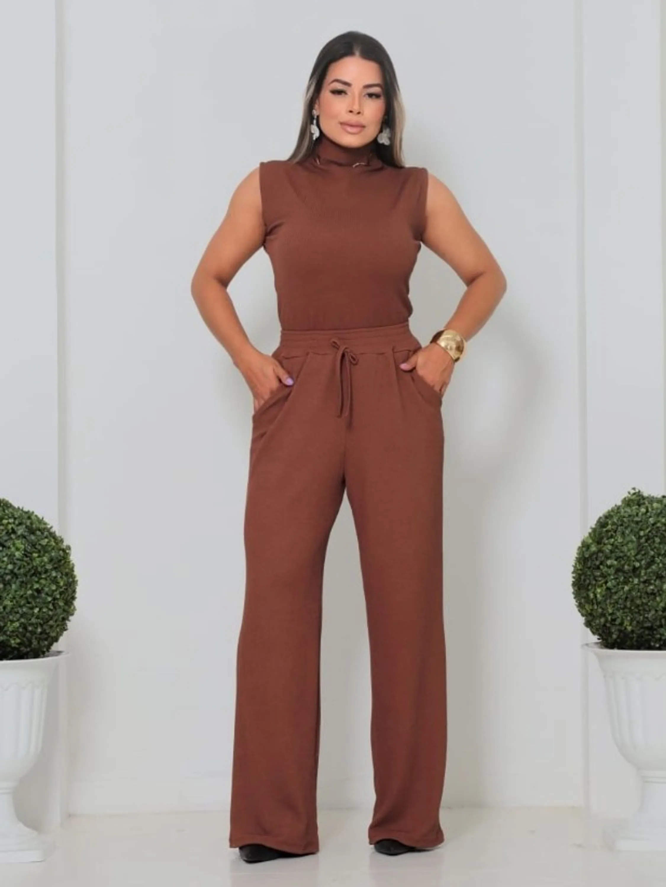 Conjunto feminino calça e blusinha regata com gola (41)
