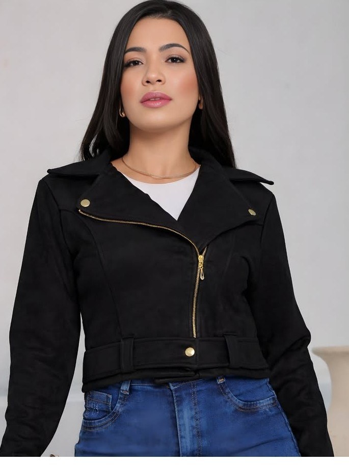 Jaqueta feminina com zíper tecido suede