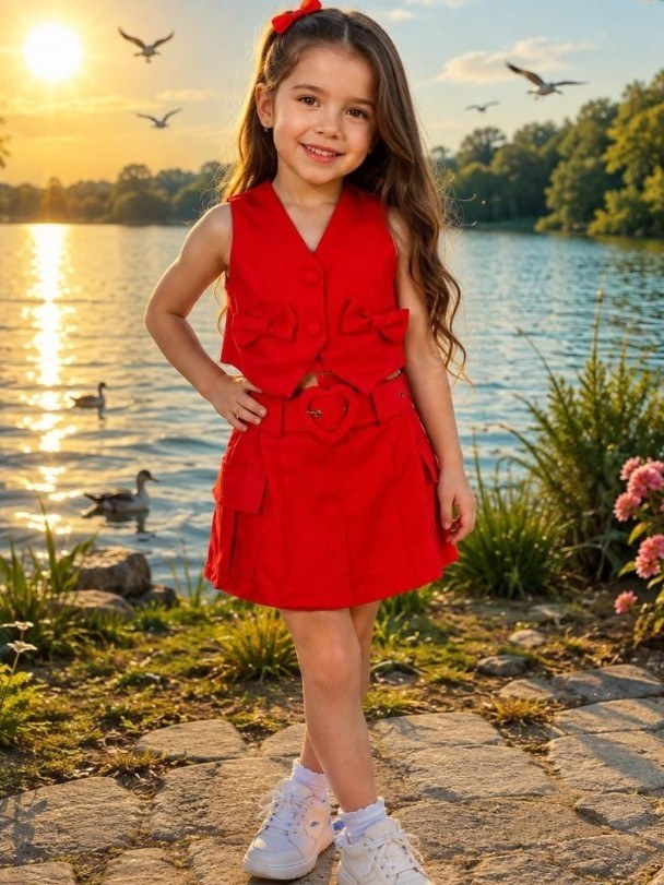 Conjunto feminino infantil shorts saia e cropped  (azul)