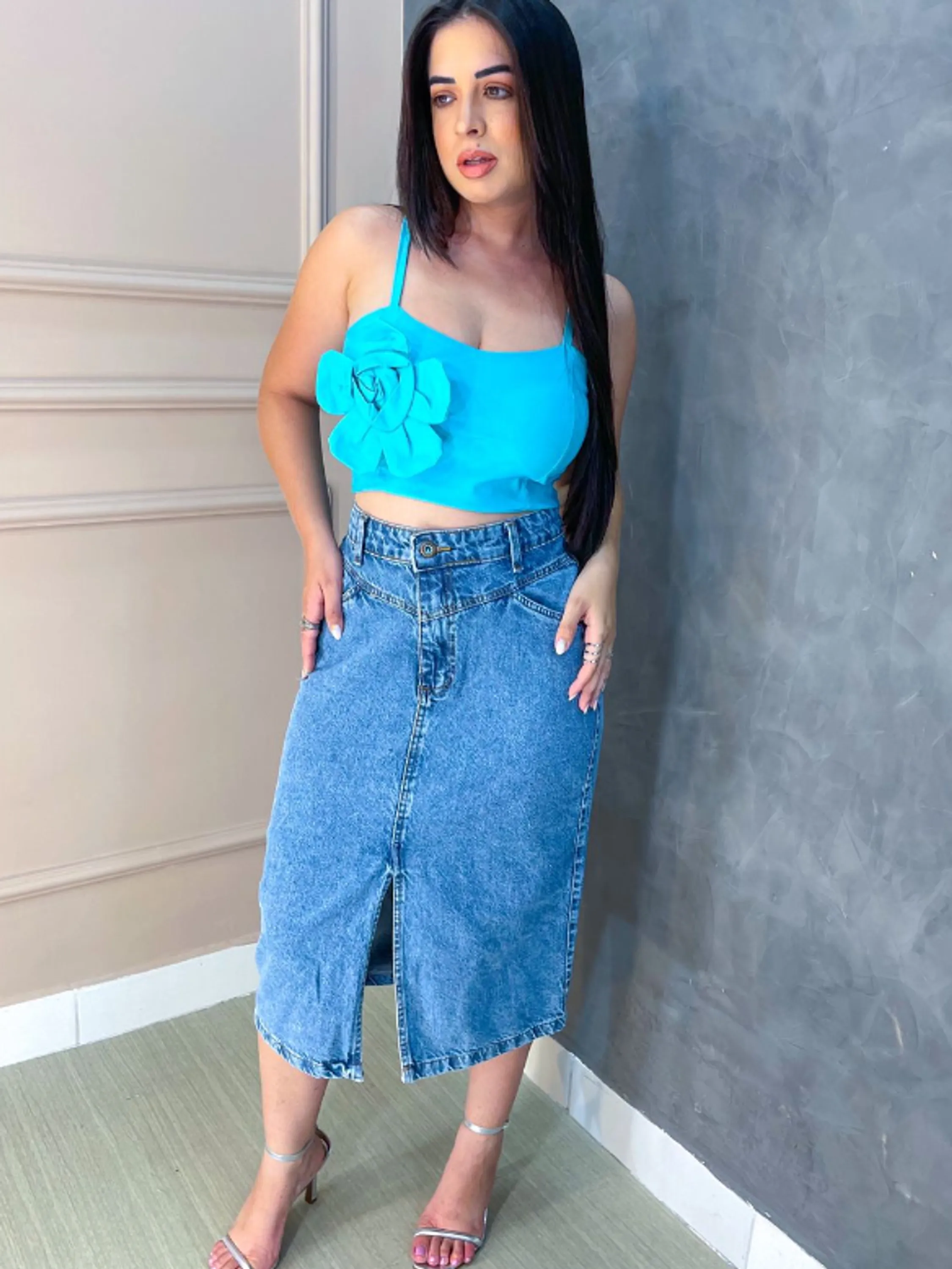 Saia longa jeans com fenda