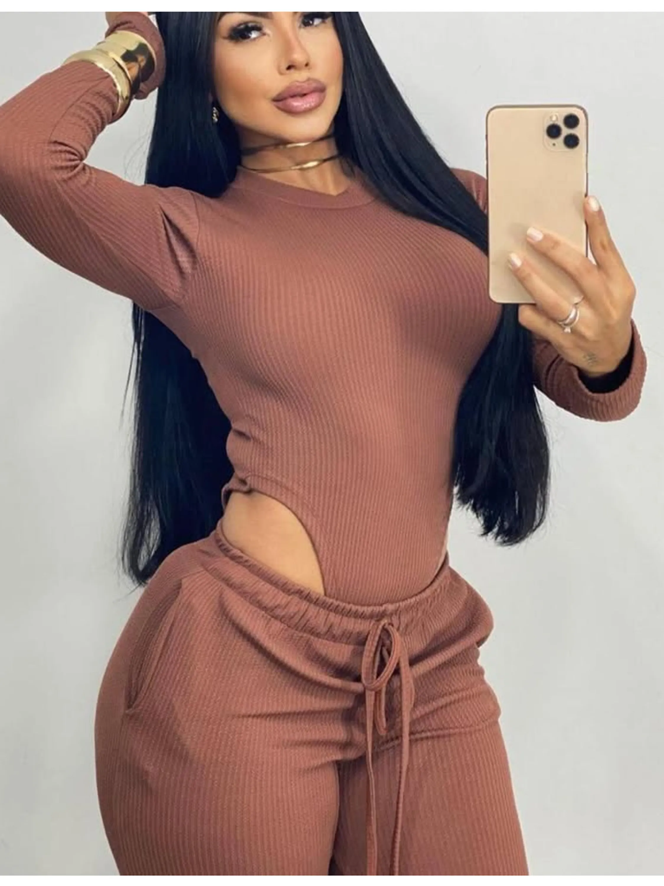 Conjunto calça e body manga longa feminino