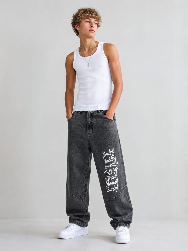 Calça jeans masculino juvenil estampada
