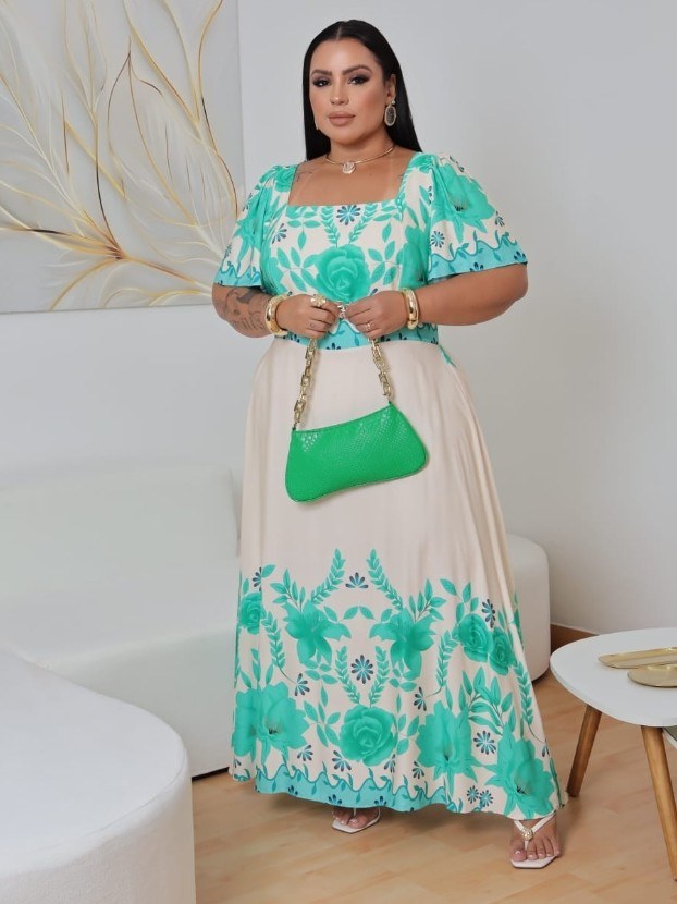 Vestido longo de manguinha feminino Plus size  (129)