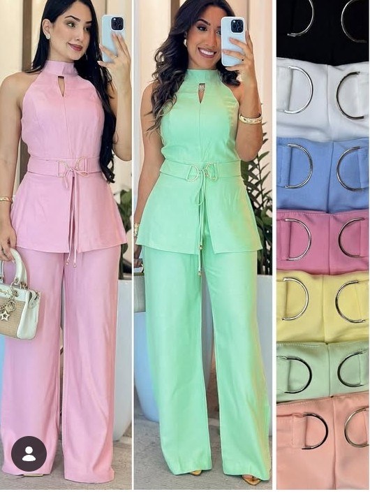 Conjunto feminino calça e blusiha com cinto