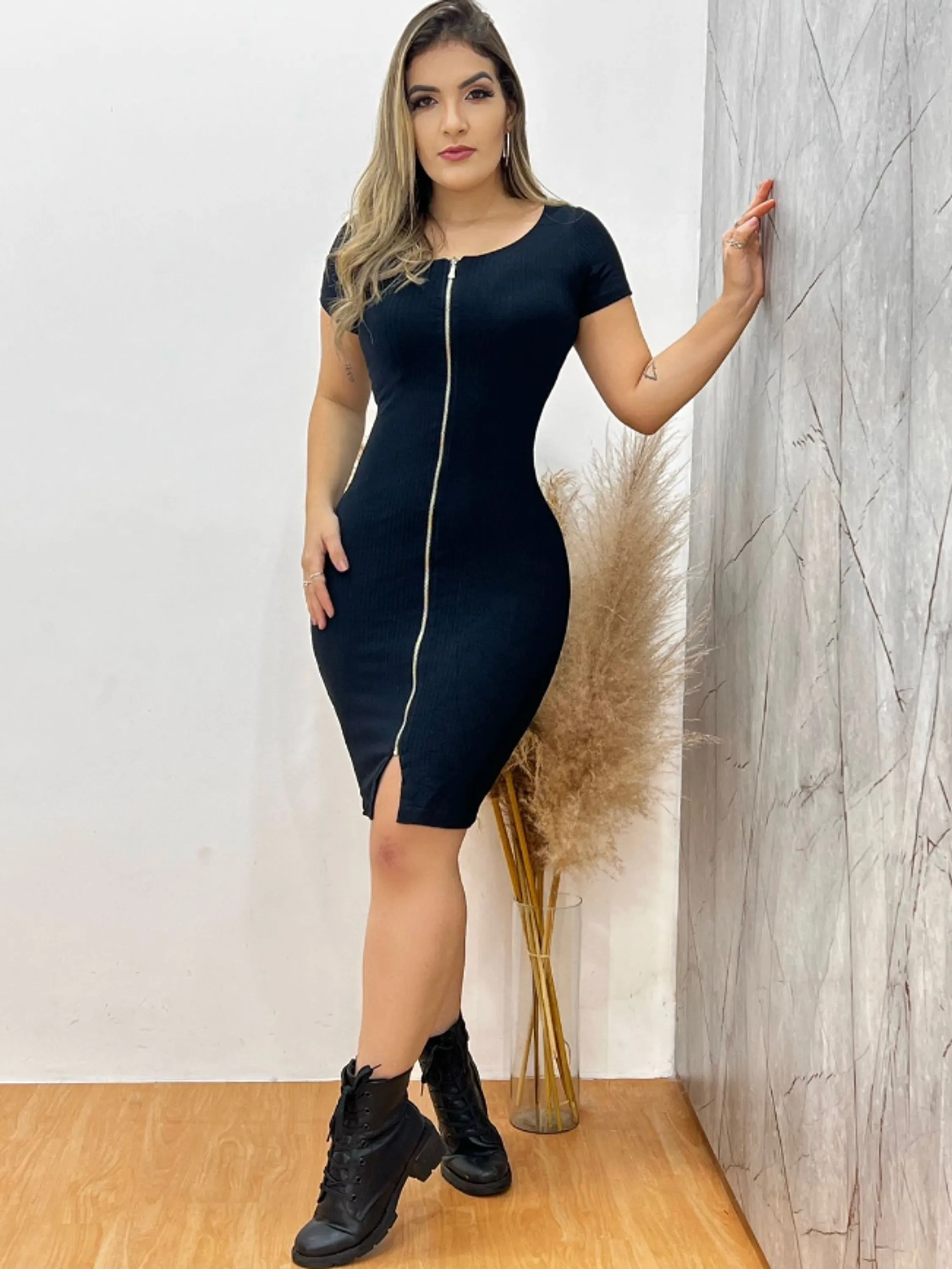 Vestido zíper com manga tamanho único