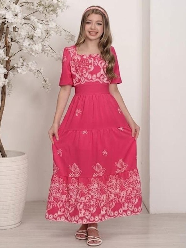 Vestido longo feminino juvenil com manga estampado (P)