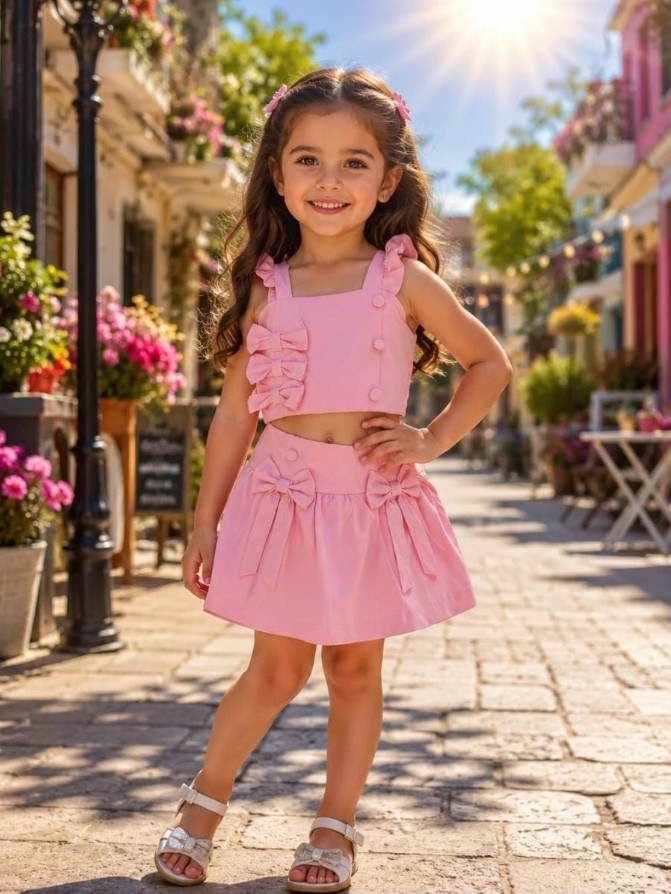 Conjunto feminino infantil shorts saia e cropped (Noel)